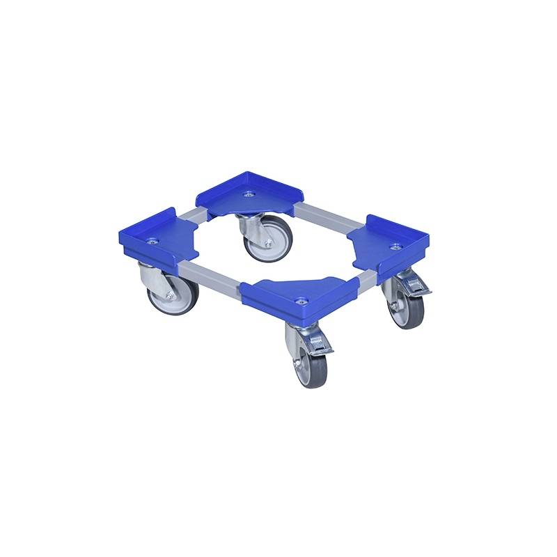 Blue trolley with four castors for transporting items. Rectangular metal structure, sturdy and manoeuvrable.