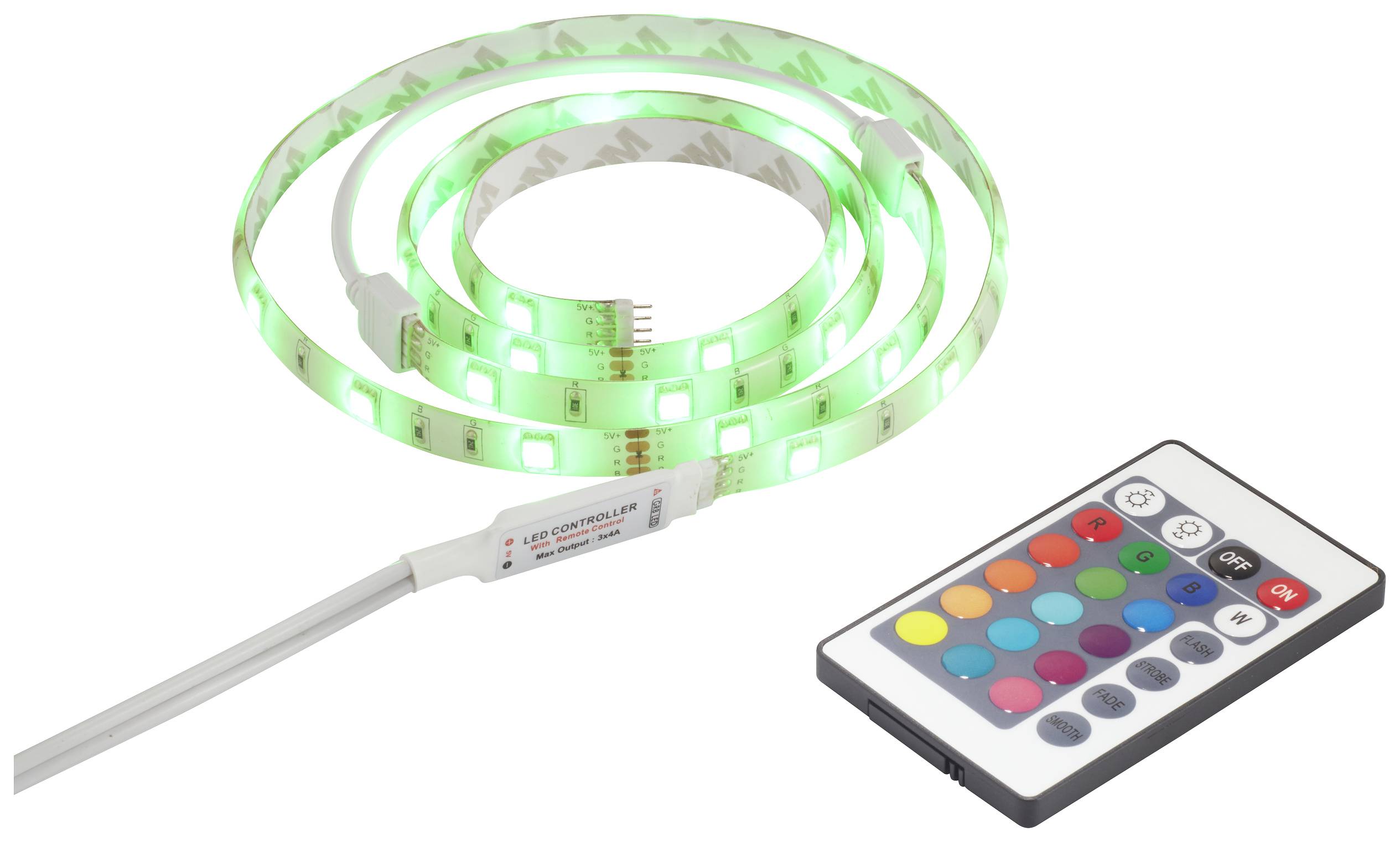 A green LED light strip with a remote control for colour selection.