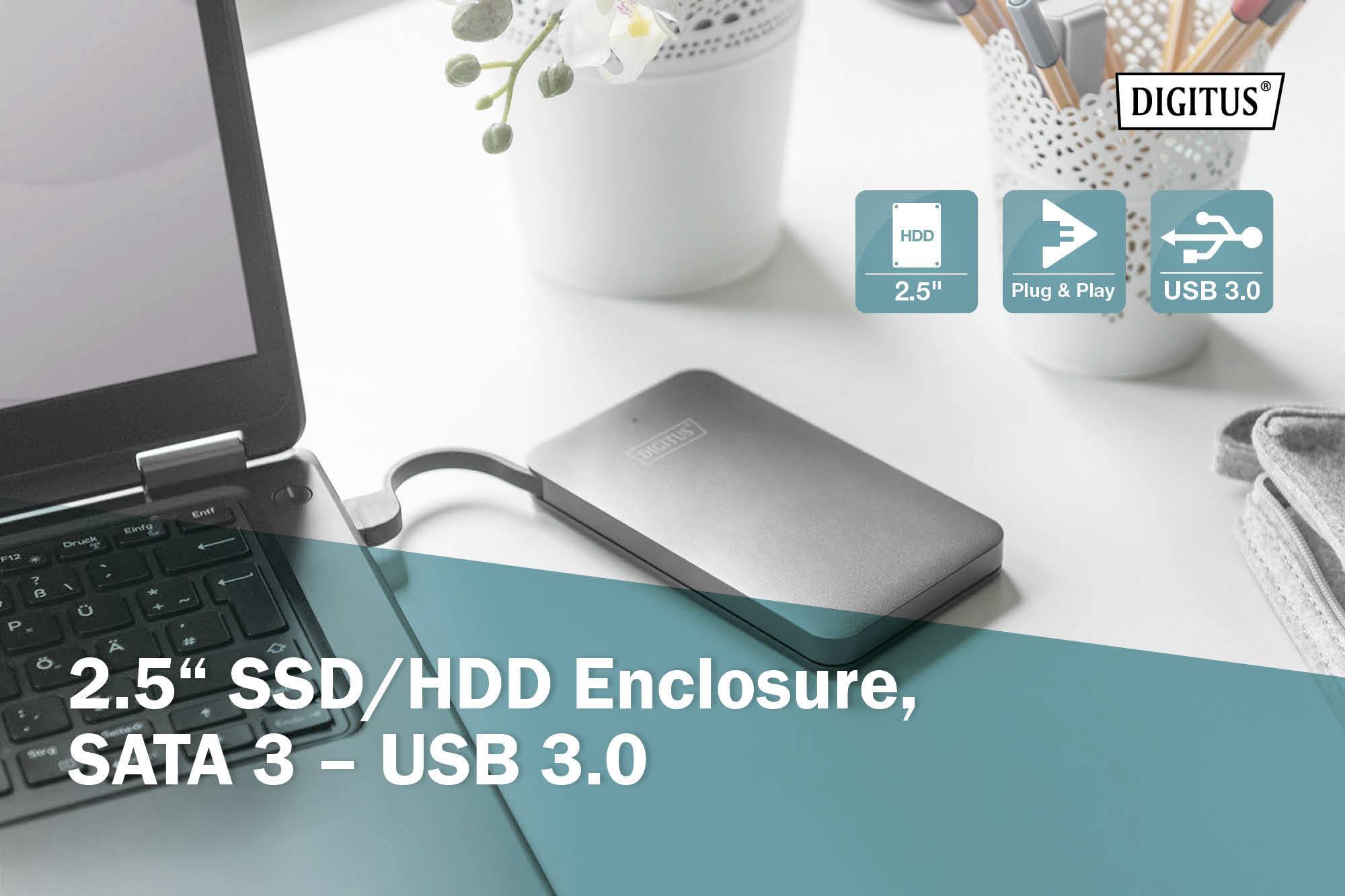 External SSD/HDD enclosure connected to a laptop. Label reads: '2.5