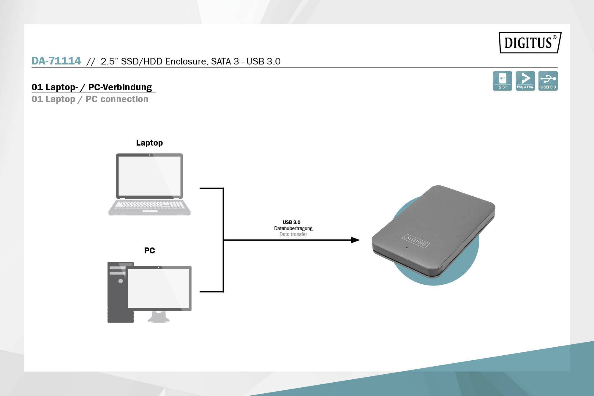 Diagram showing the connection of a laptop and PC to a hard drive enclosure via USB 3.0. Laptop and PC are shown on the left, enclosure on the right.
