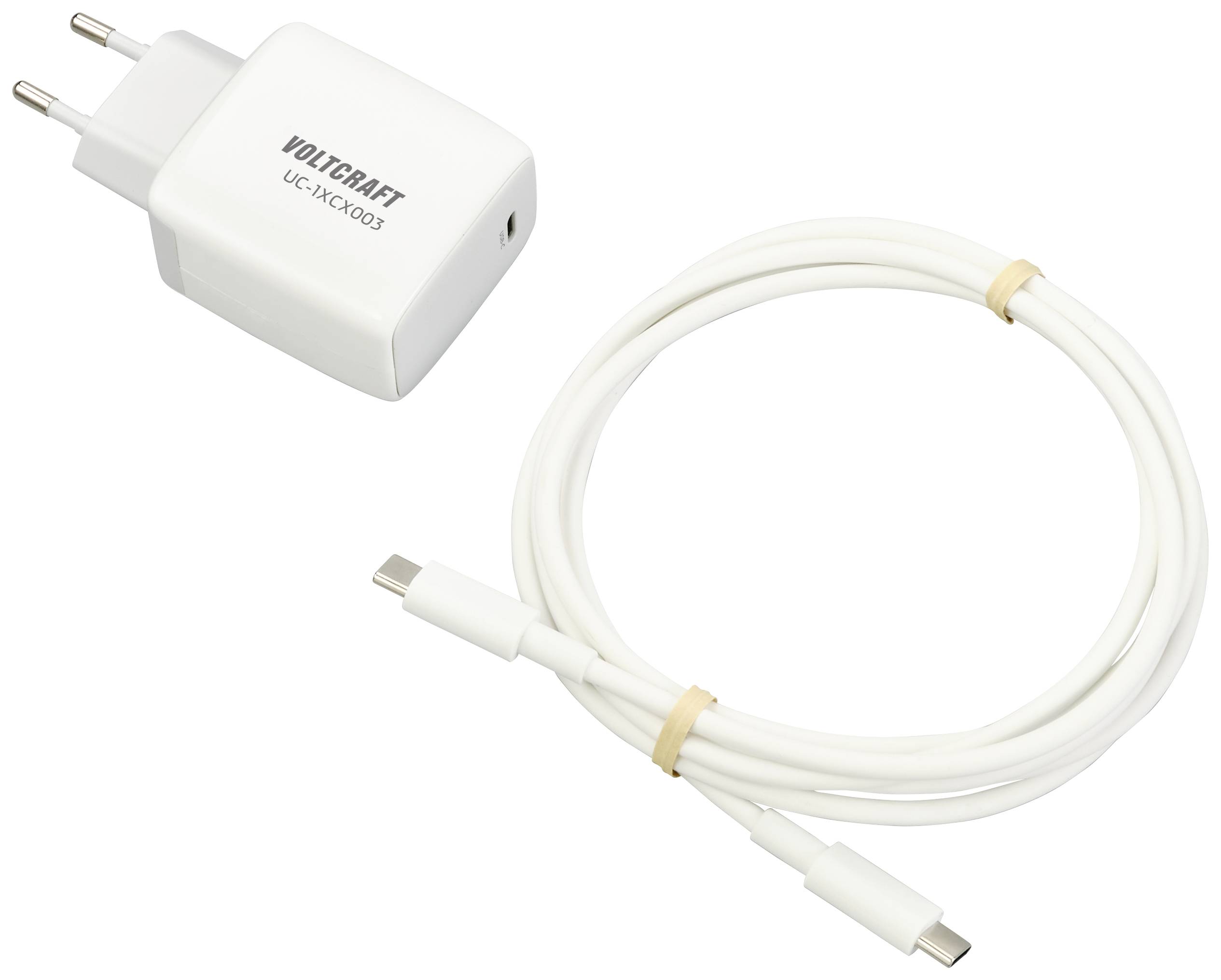 'Voltcraft UC-K4003' USB-C charger with detachable USB-C cable, displayed on a white background.