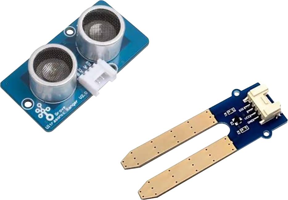 Two sensors on blue circuit boards: on the left, an ultrasonic sensor with two metal cylinders, on the right, a soil moisture sensor with two long probes.