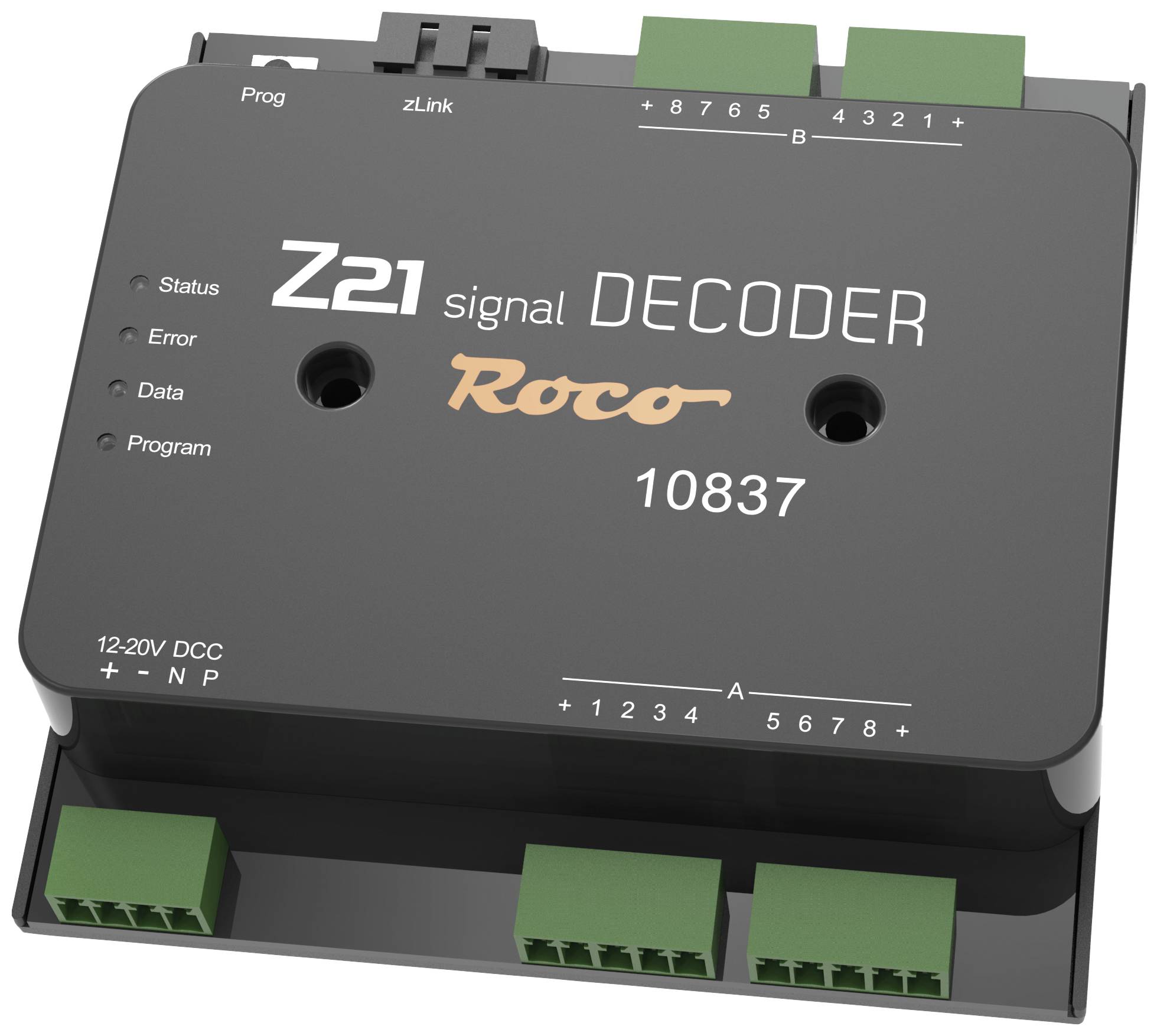 Screenshot of a Z21 signal decoder by Roco, model number 10837. Shows connections and status indicators for programming and data.
