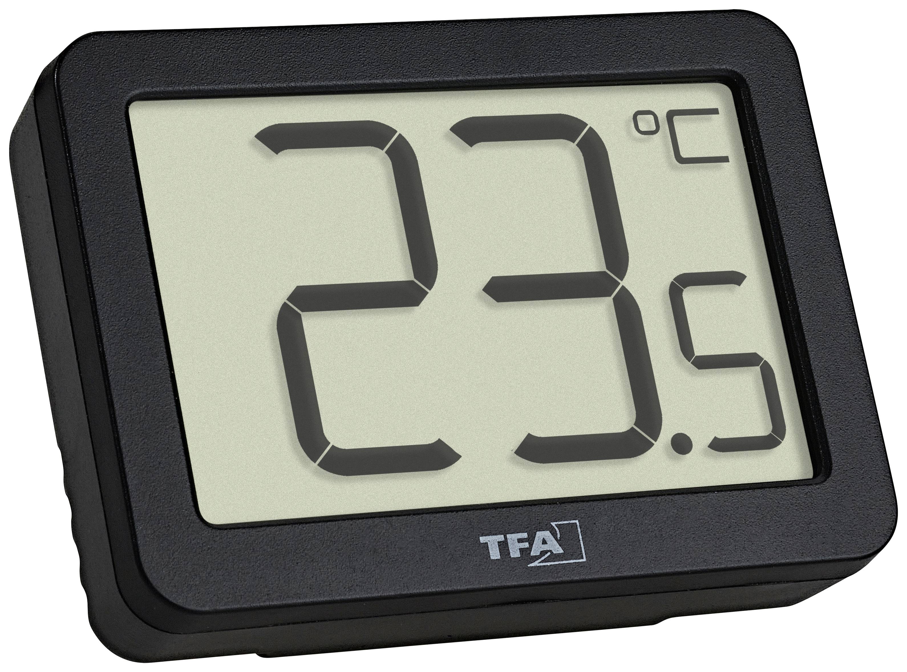 Digital thermometer displays '23.5 °C'. Black casing with large LCD display.Note: In British English, temperatures are typically written with a period (.) instead of a comma (,) for decimal points, and the degree symbol (°) remains the same.