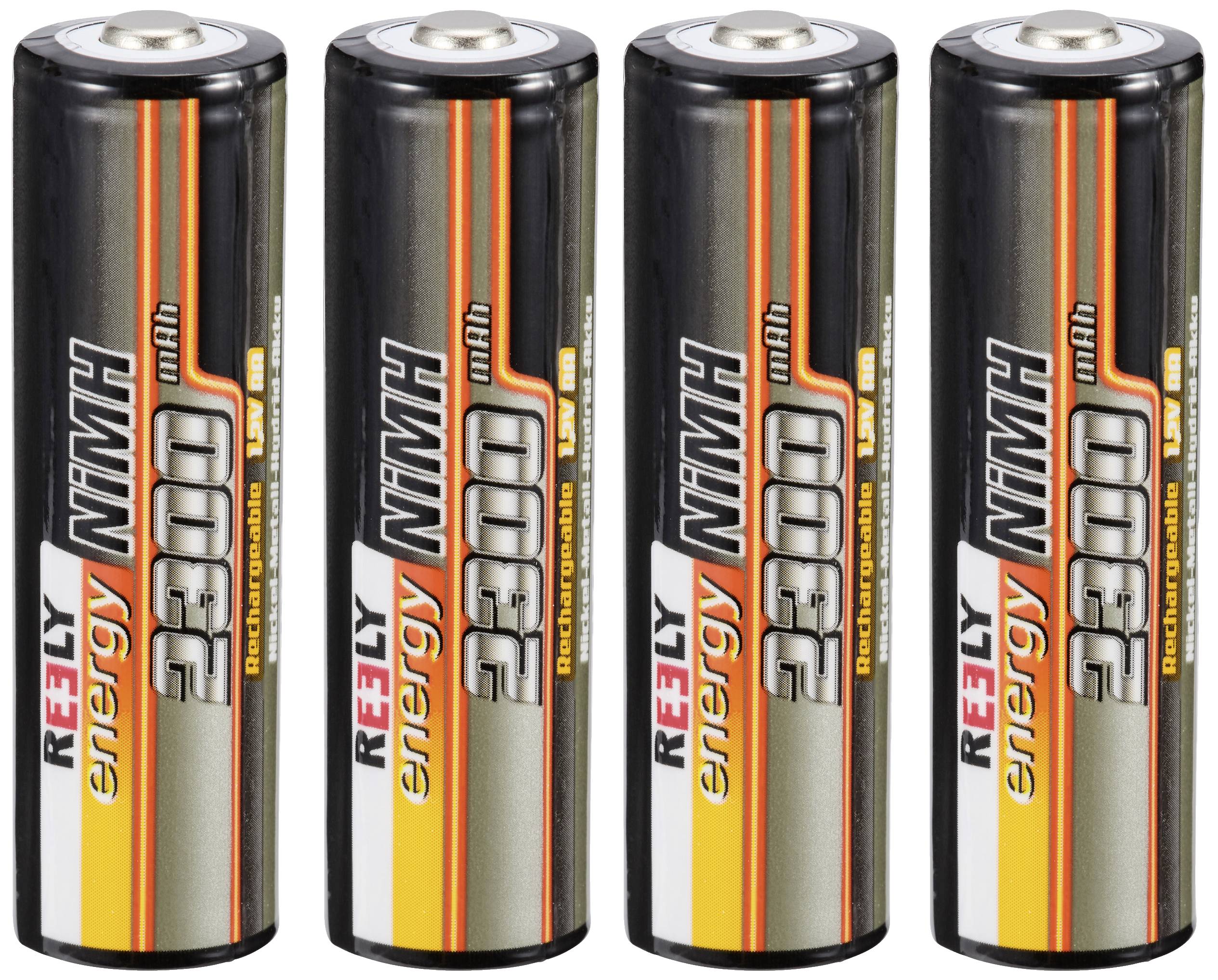 Four AA batteries with the label 'Reely Energy 2300 mAh NiMH' in a row. They are rechargeable and have an orange and black design.