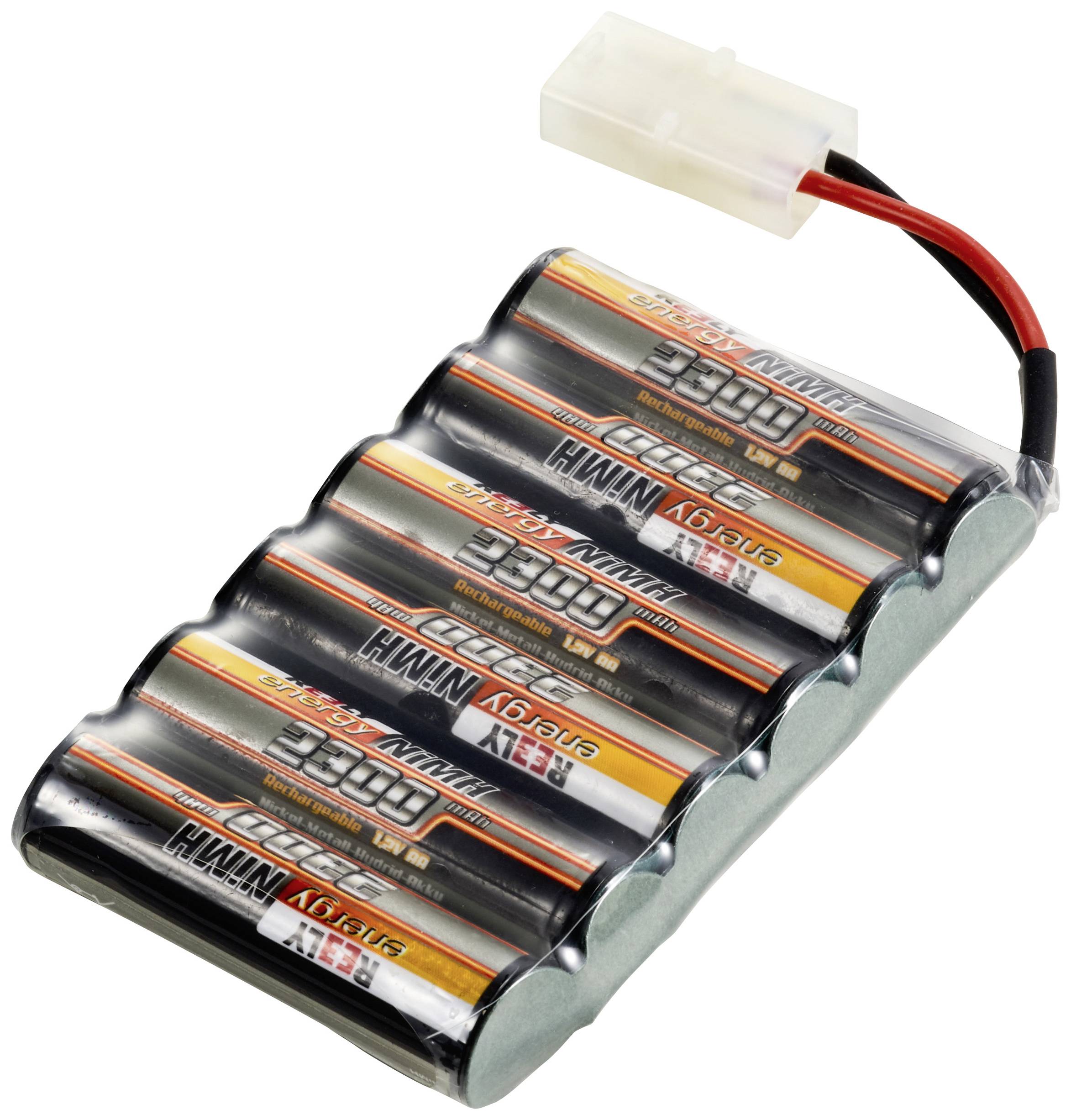A computational battery consisting of six cylindrical cells, connected with a white plug and red/black cable.