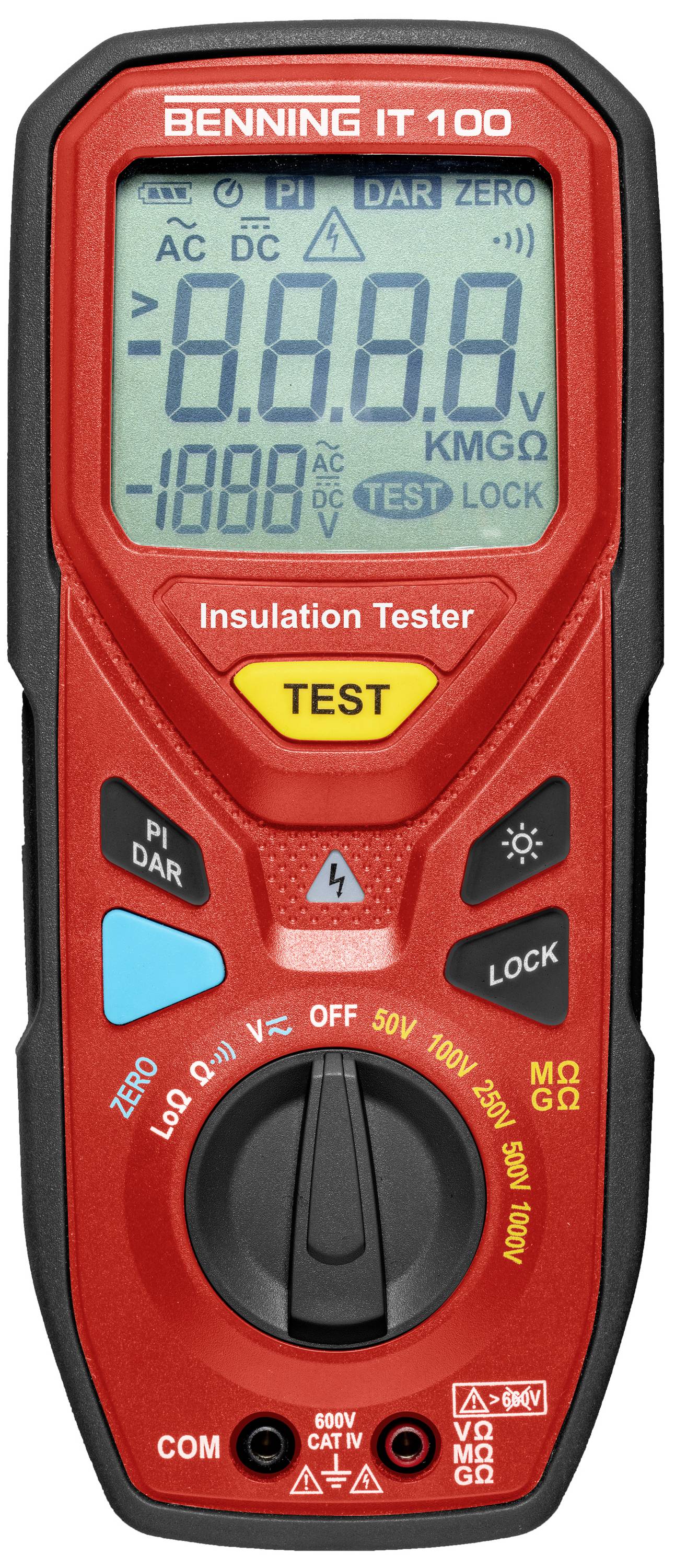 A red digital insulation measuring device with a display shows various measurement options and buttons for control and selection.