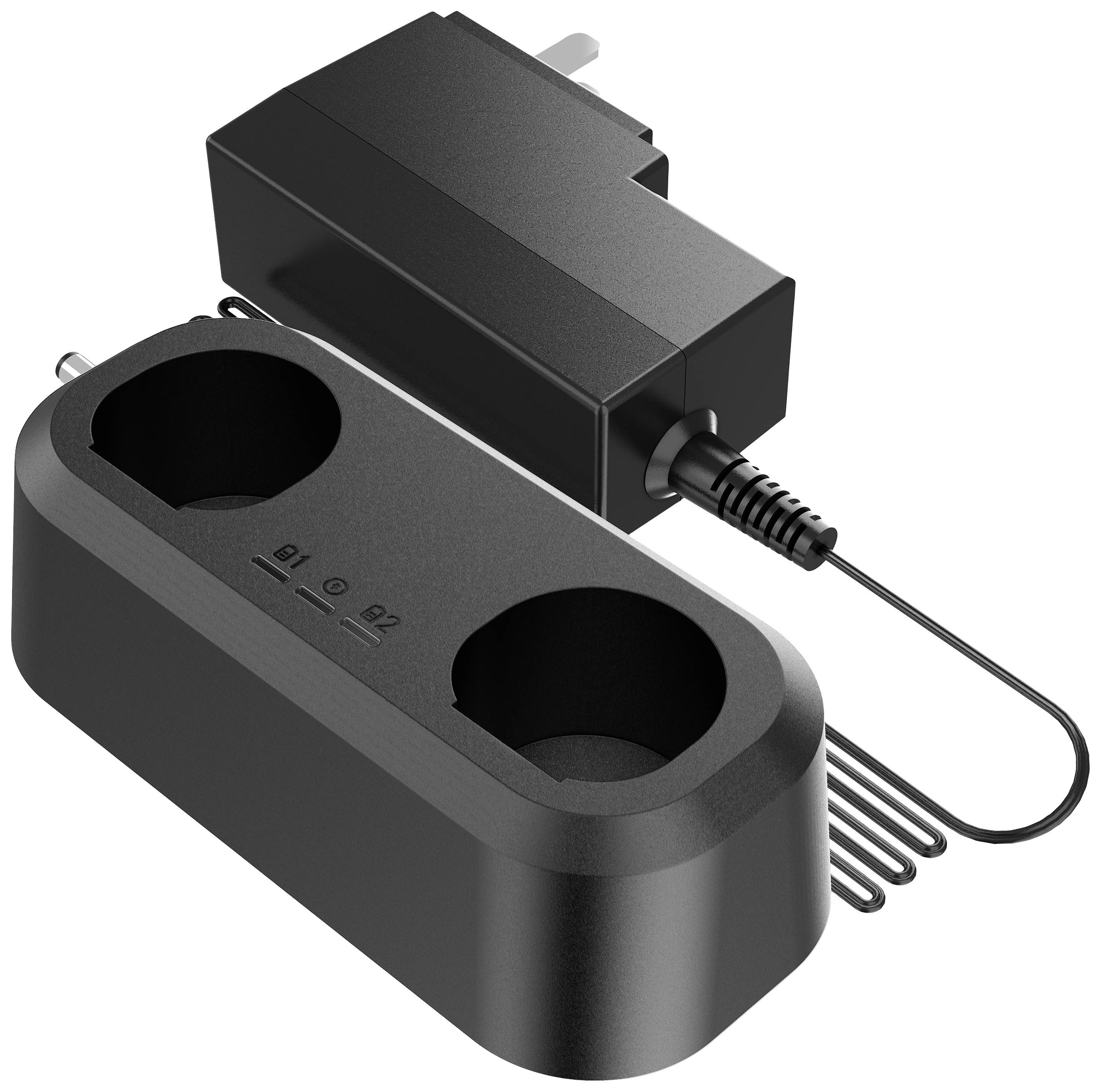 Two-socket charger with a mains cable. Suitable for simultaneously charging two devices.
