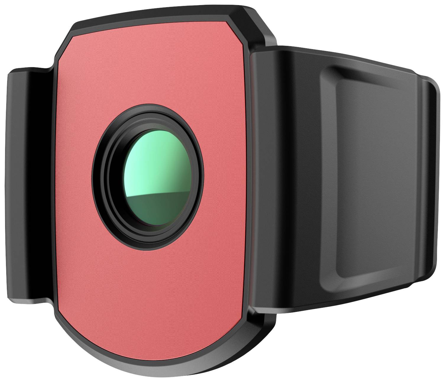 A red and black motion sensor with a central green lens.