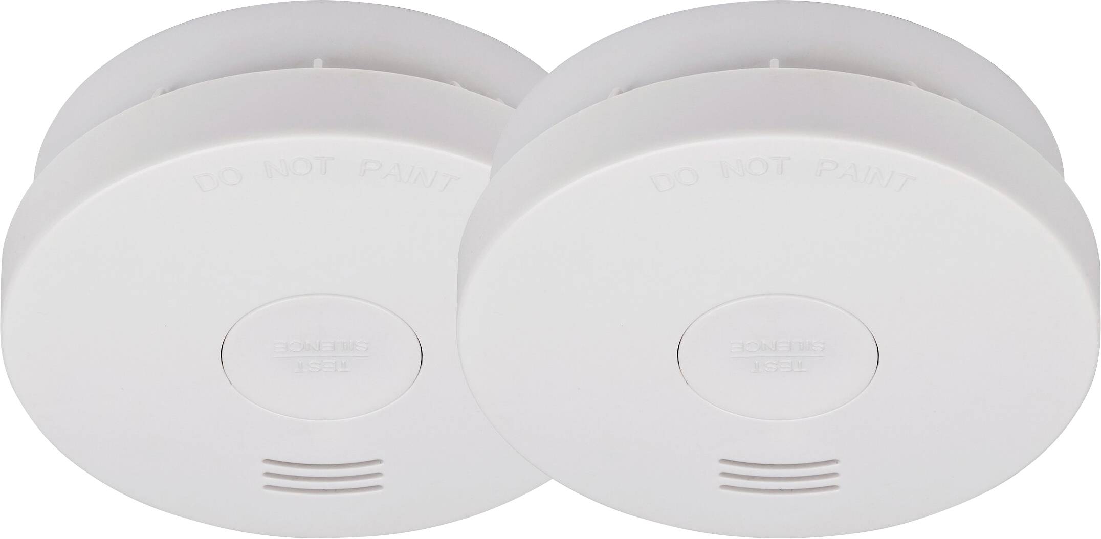 Two white round smoke detectors shown side by side on a plain background.
