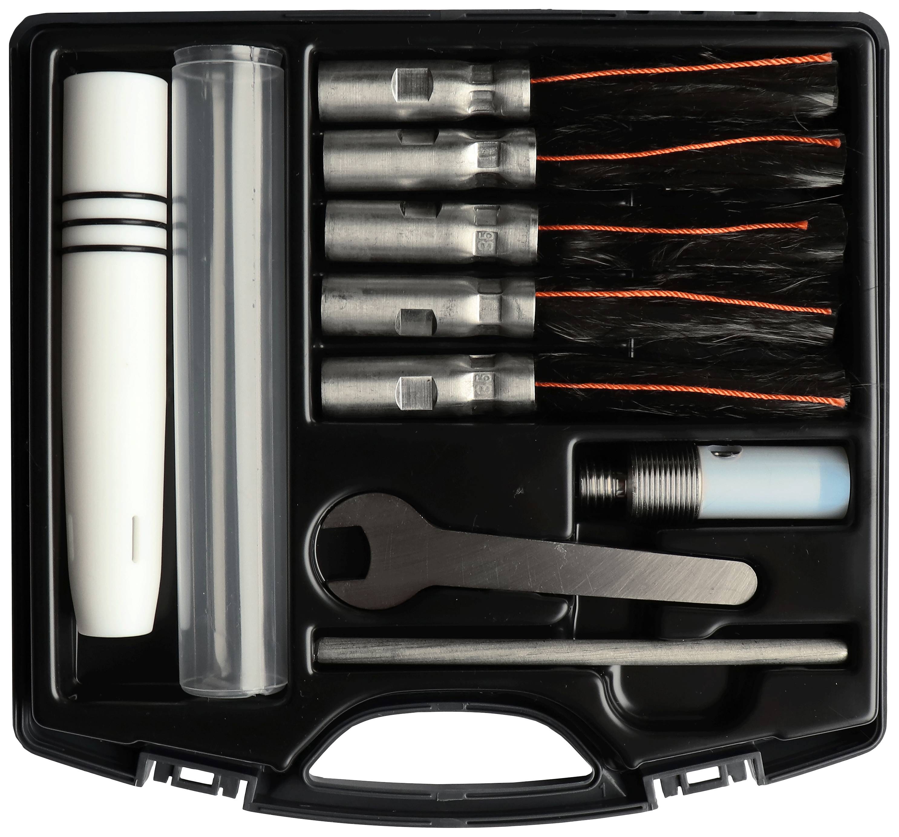 An open toolbox containing five cleaning brushes, a white handle, spanners, and other cleaning accessories.