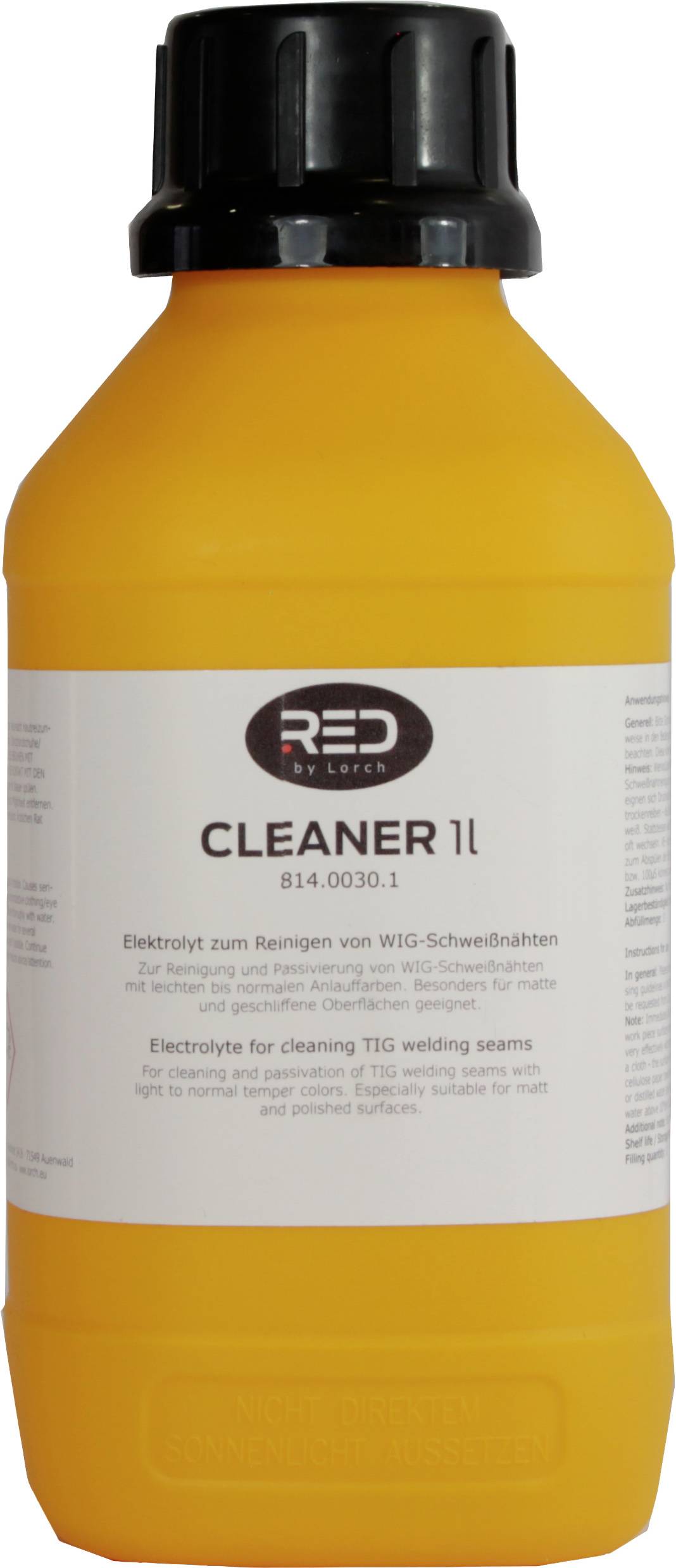 Gelbe Flasche mit schwarzem Deckel, Etikett mit der Aufschrift 'Cleaner 11', ein Reiniger für WIG-Schweißnähte.