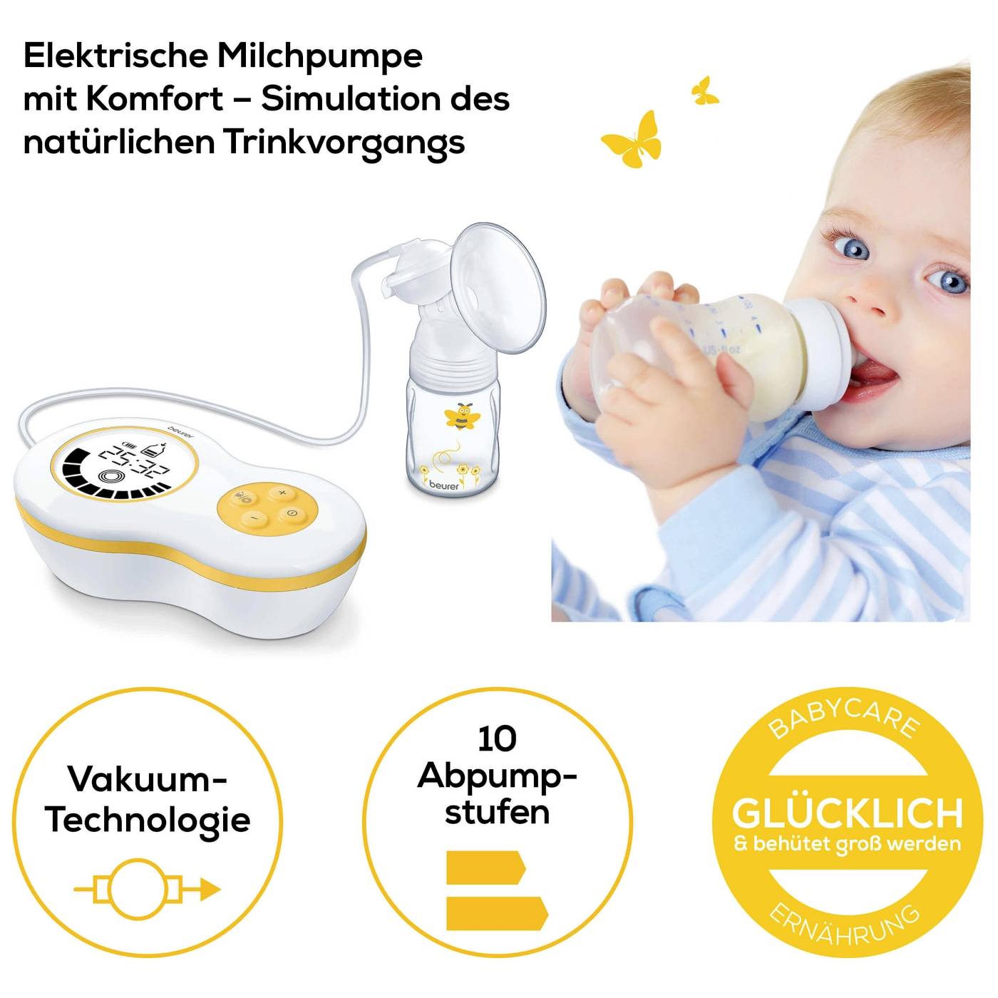 'Electric Breast Pump with Comfort – Simulation of Natural Feeding Action.' Baby drinking from bottle. Graphic shows vacuum technology, 10 expression levels.