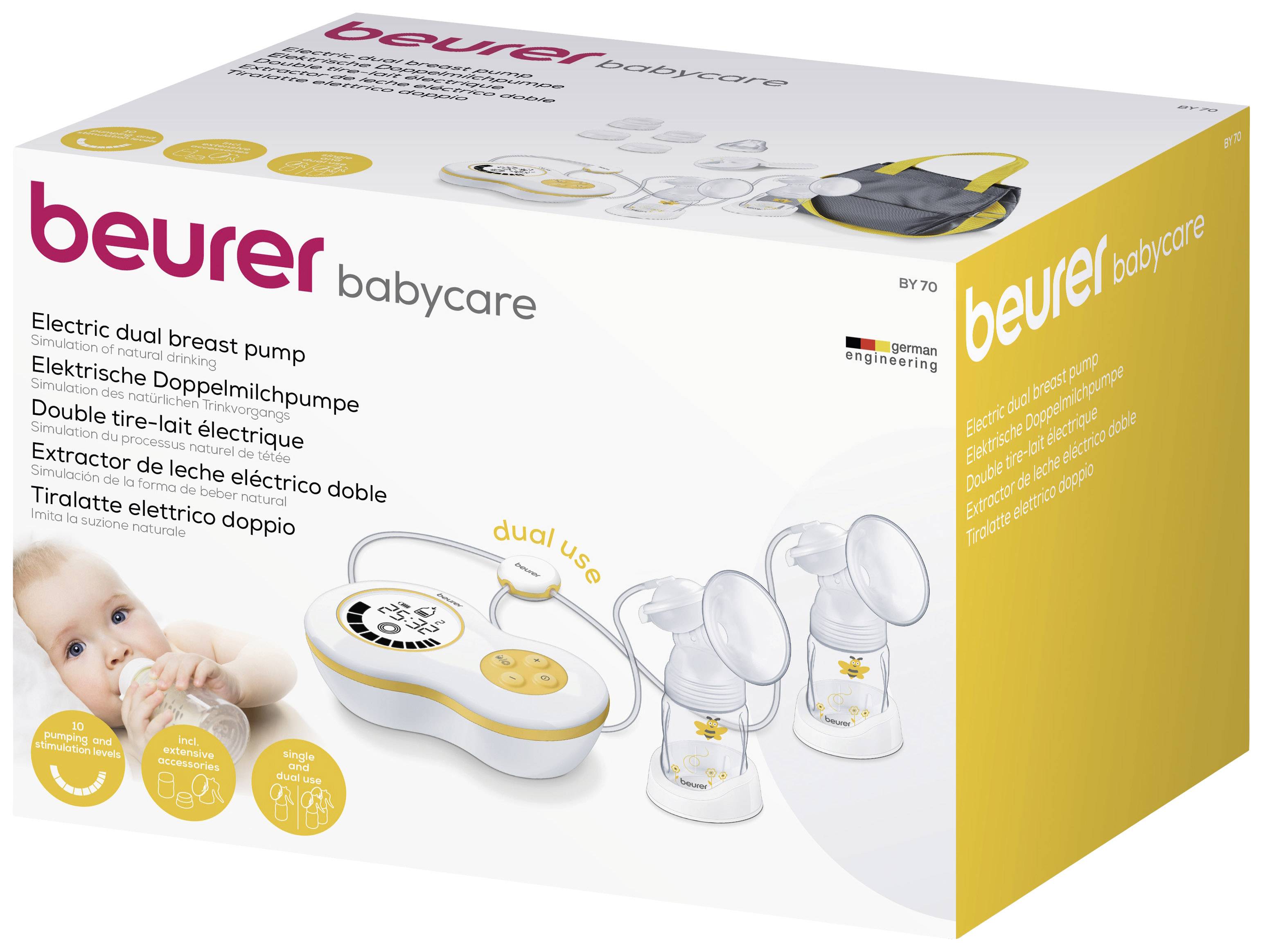 The packaging displays an electric double breast pump by Beurer with two pump attachments and a control device.
