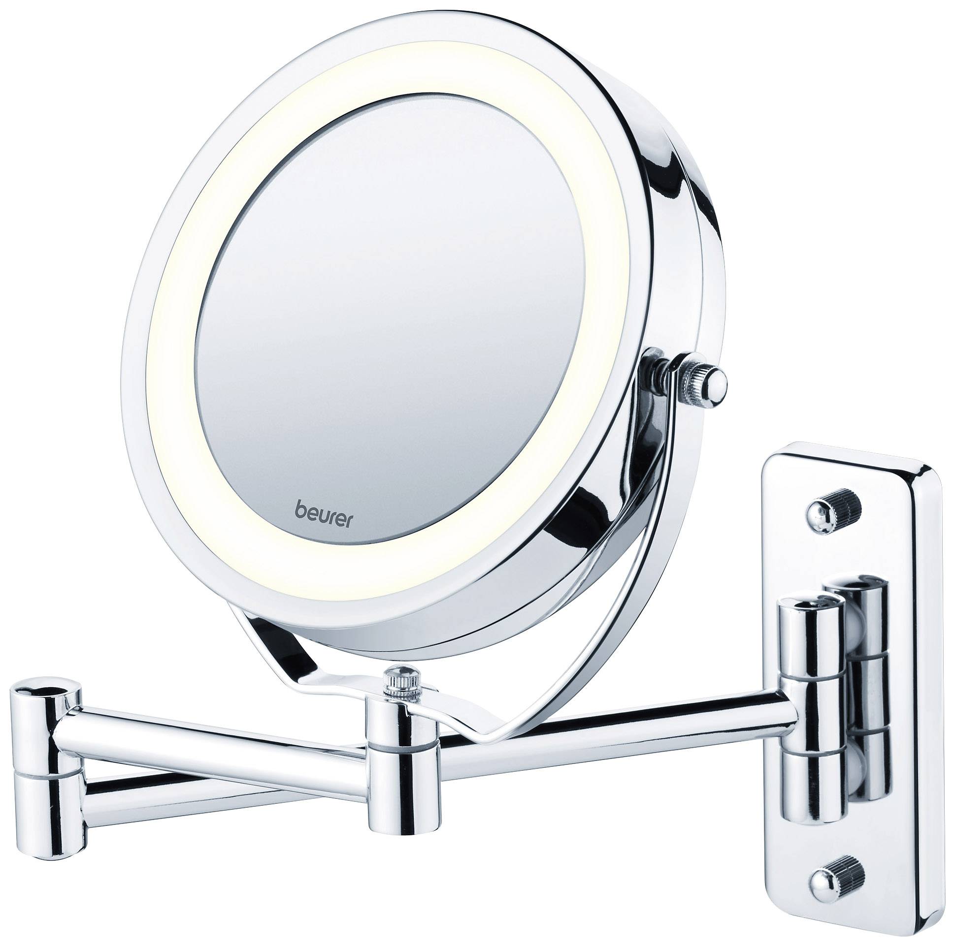 Magnifying mirror with LED lighting on a pivoting wall mount. Ideal for precise cosmetic or shaving tasks.