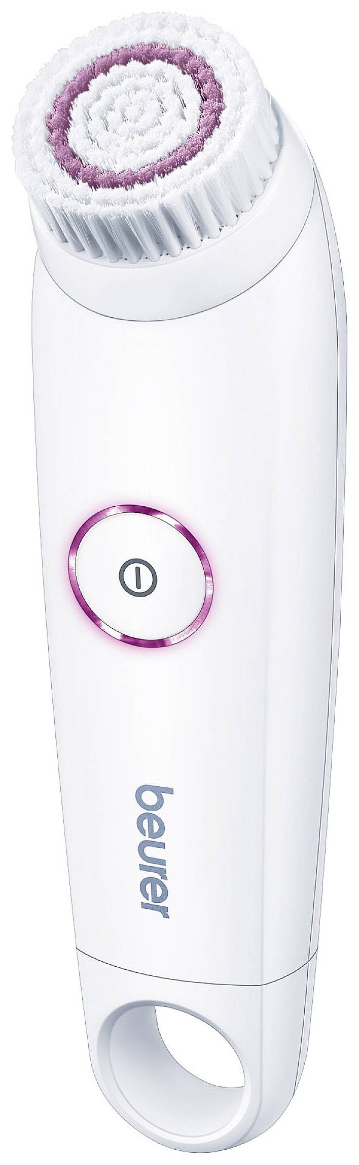 Electric facial cleansing brush with a rotating head and an on/off switch in the centre. White colour with pink accents. Brand name 'beurer'.