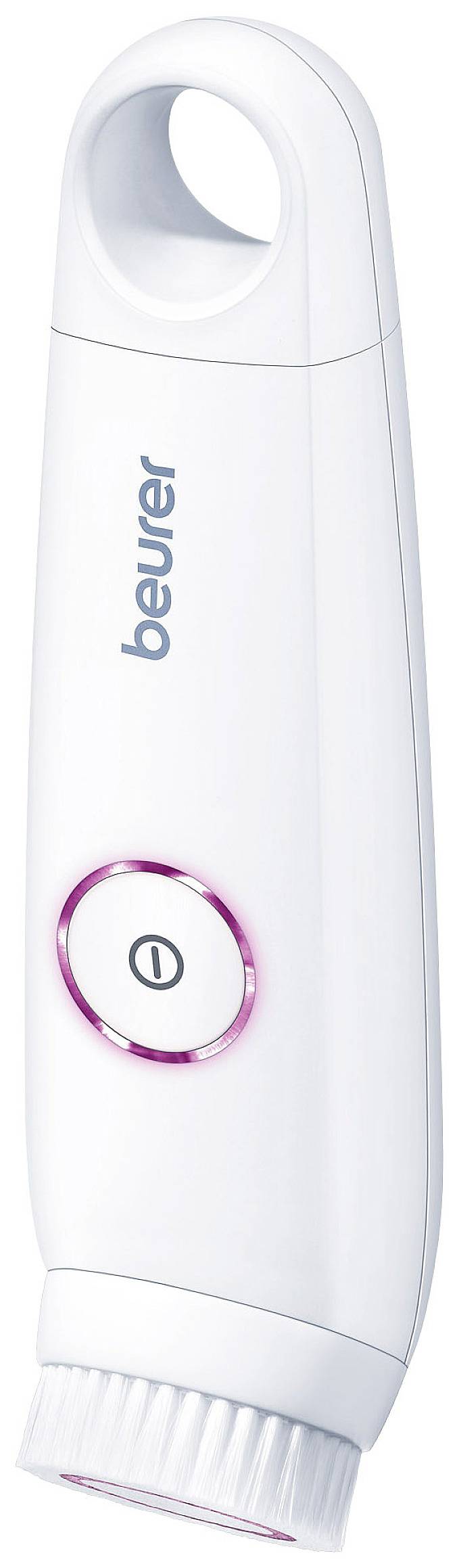 Beurer exfoliating device in white with a pink accent and an on/off button.