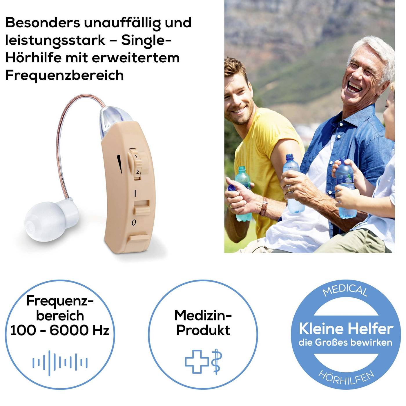 Hearing aid with extended frequency range of 100-6000 Hz, discreet and powerful. Suitable for adults. Medical device.