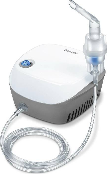 A compact inhalation device with a mouthpiece and tube, suitable for administering medication for respiratory conditions.