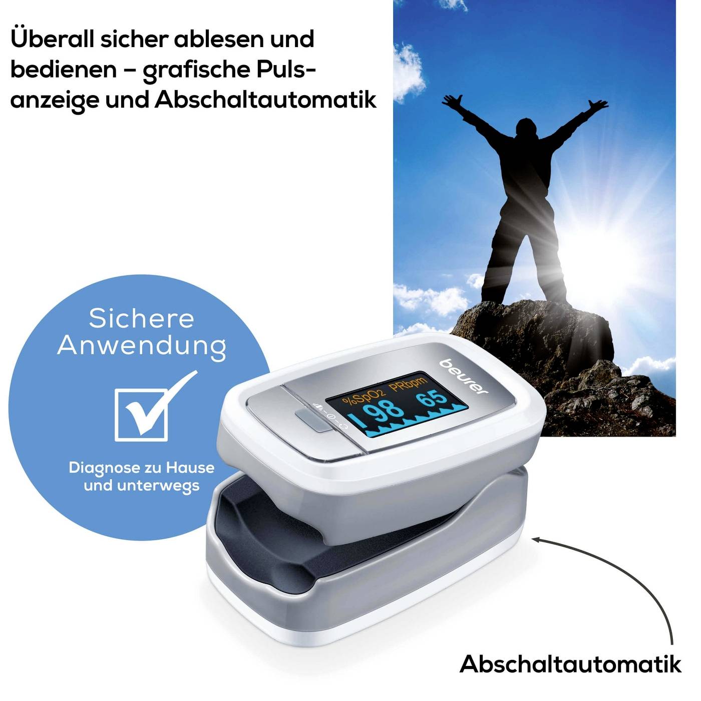 Oximeter with digital display, showing pulse and oxygen saturation of '98%'. Person cheering on mountain peak in background. Text: 'Auto shut-off mechanism'.
