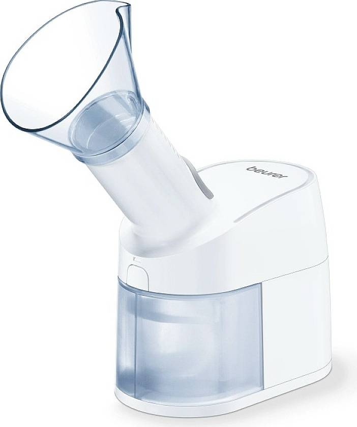 A white inhaler with a bluish top and transparent medication chamber. Ideal for respiratory therapy and cold treatment.