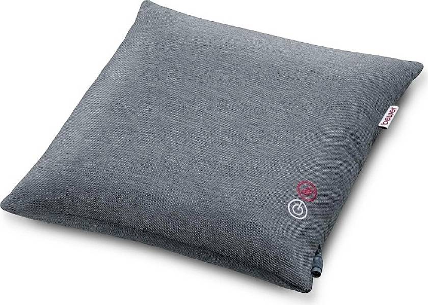 A grey, square cushion with an integrated heating element and two buttons for temperature control on the front.