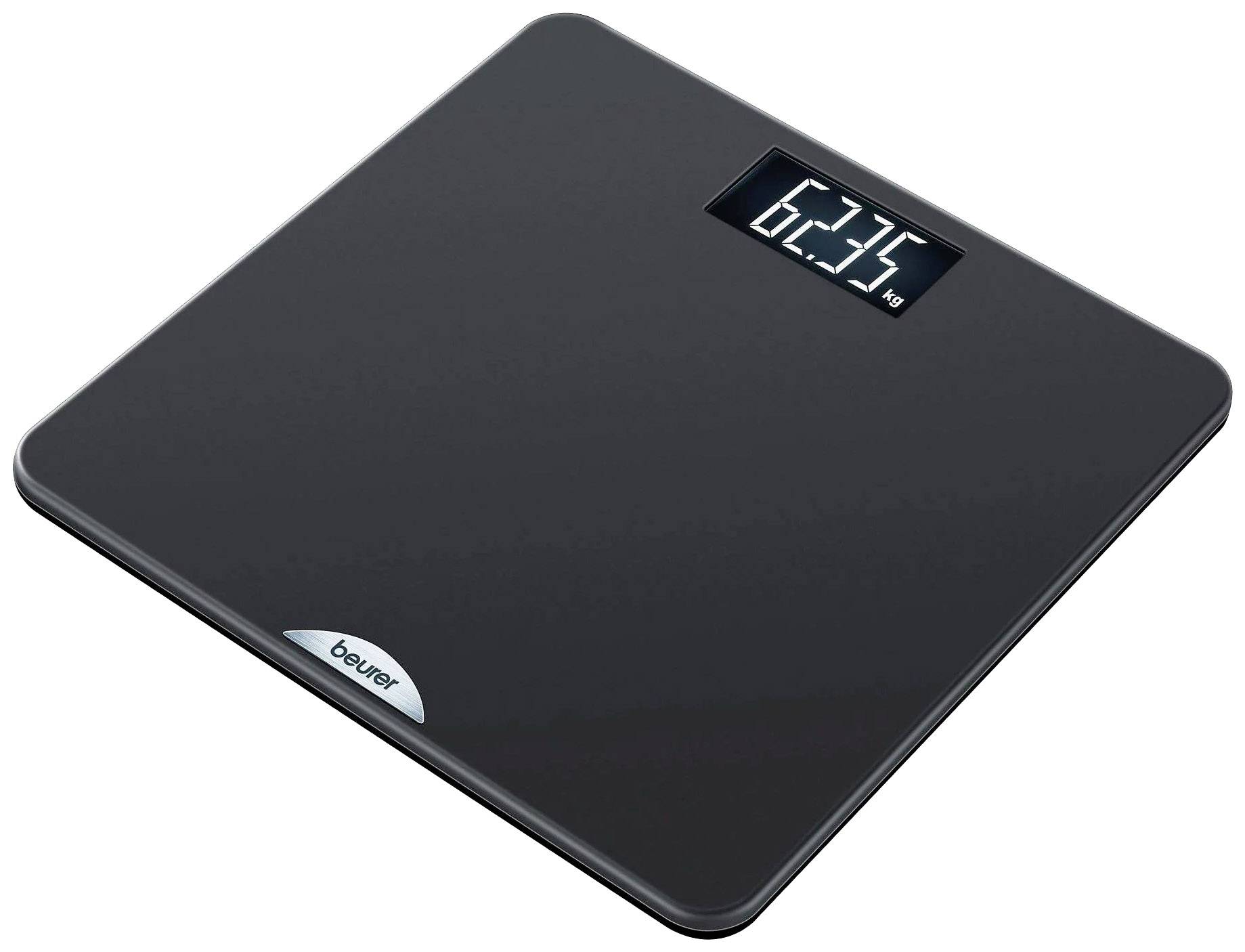 Dark digital bathroom scales with illuminated display showing '62.3 kg'.