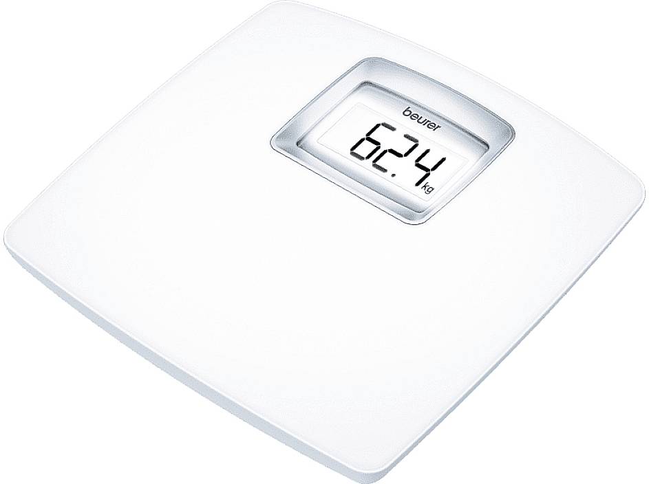 Digital bathroom scales show 62.4 kg.