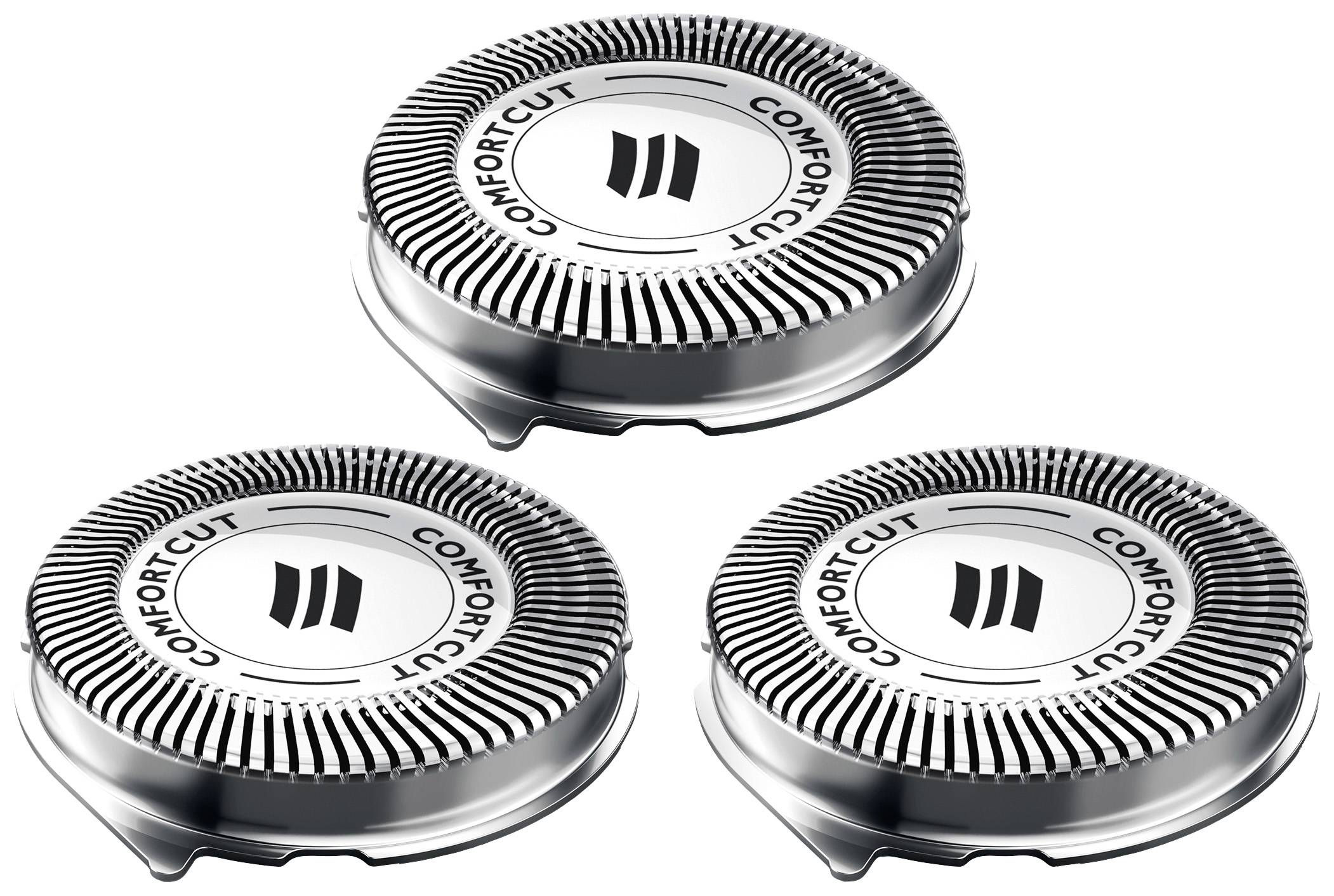 'Three replacement shaving heads for an electric razor, with the inscription 