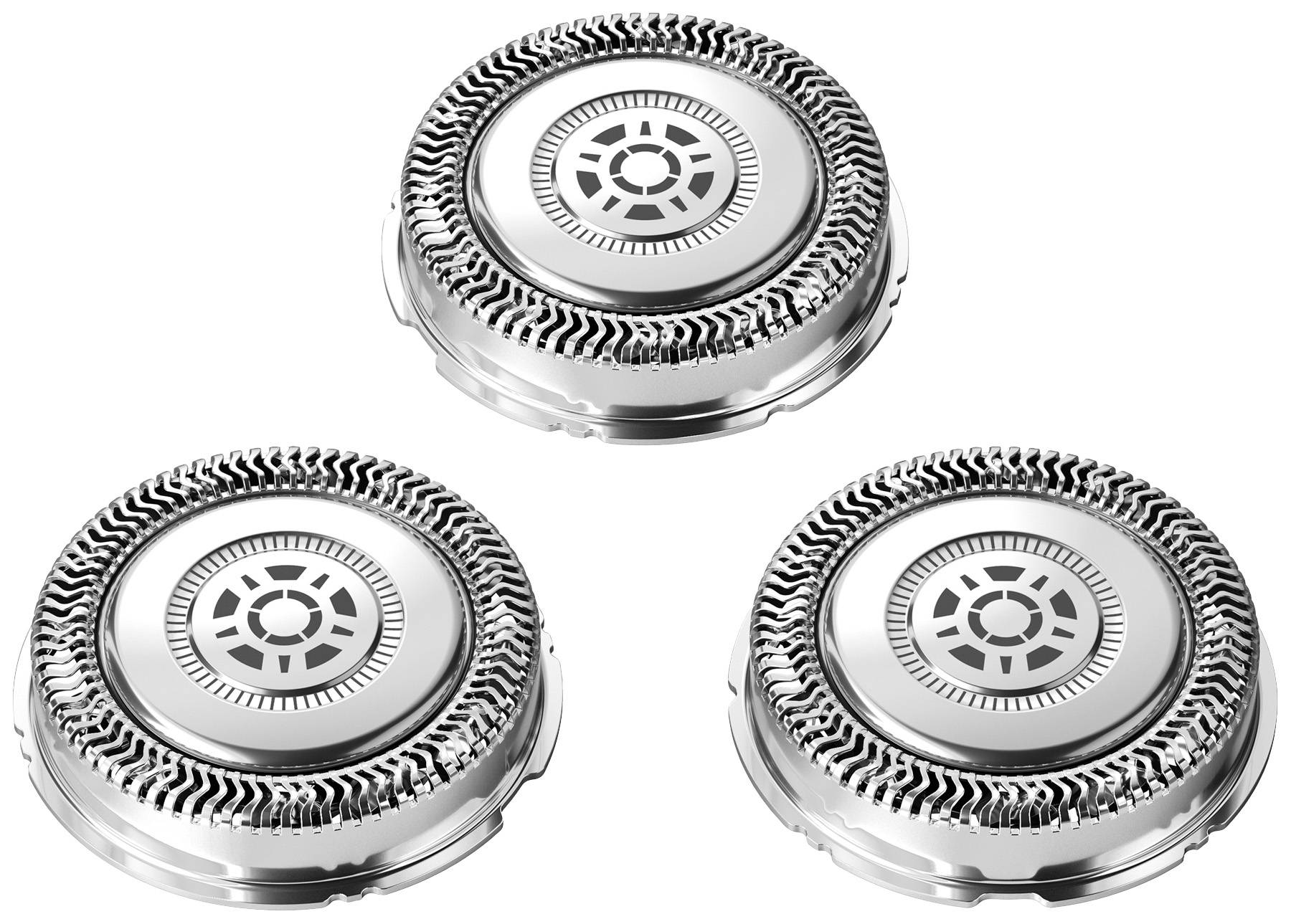 Three silver razor blades in a circular arrangement, lying side by side on a white background.