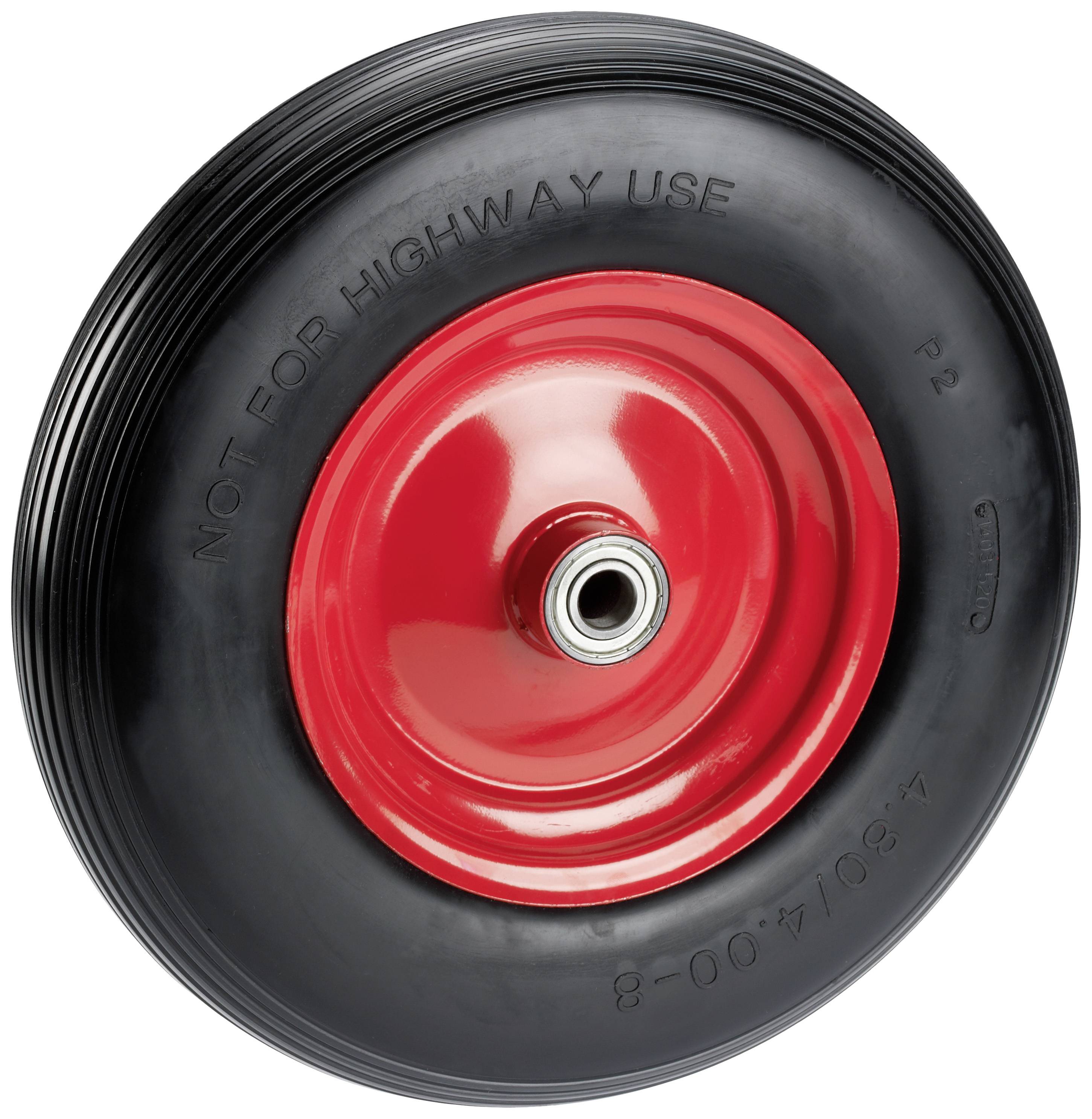 Black wheel with red rim body and silver bearing. Tyre inscription: 'NOT FOR HIGHWAY USE'.