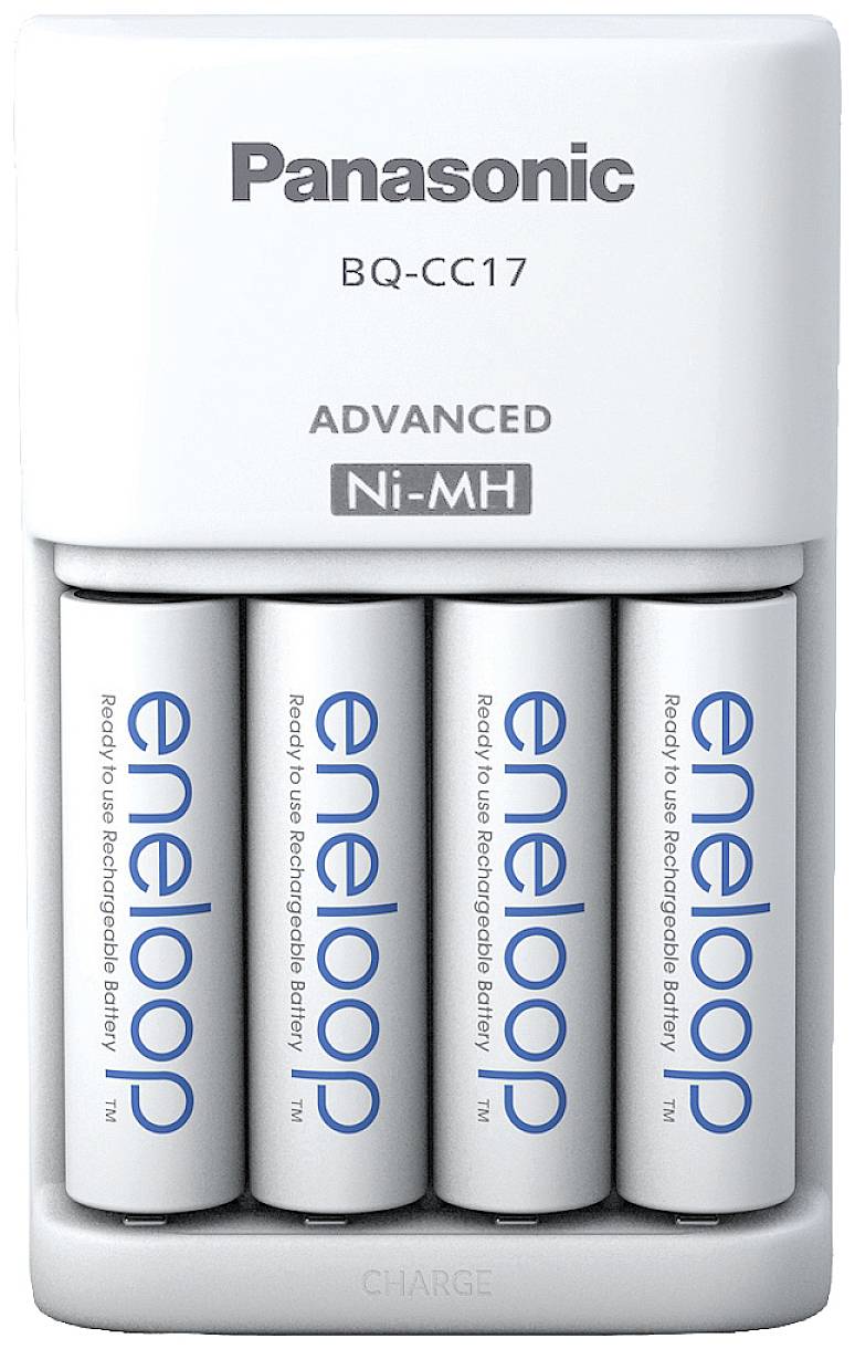 White Panasonic Eneloop batteries loaded into an alkaline battery charger. The charger is labelled 'Panasonic BQ-CC17 Advanced'.