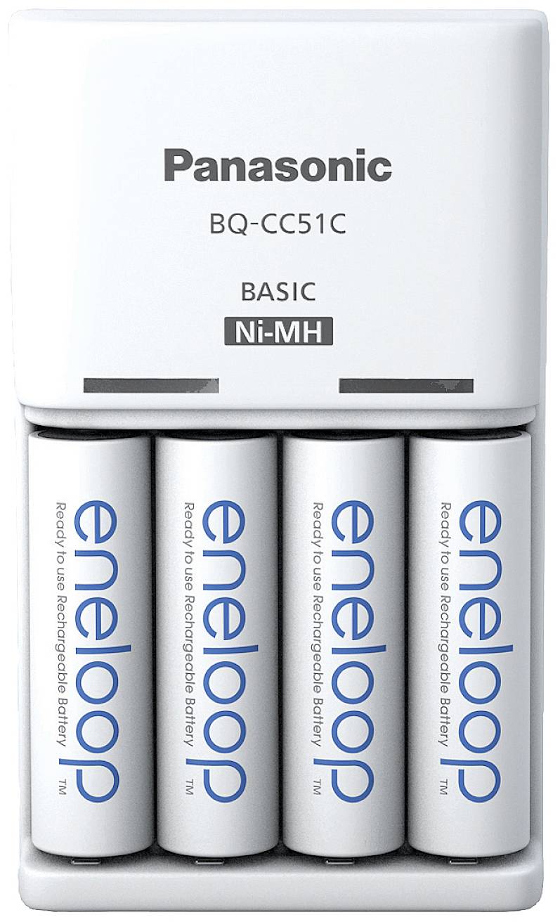 Panasonic BQ-CC51C Battery Charger with four Eneloop AA Ni-MH Rechargeable Batteries, suitable for repeated charging.