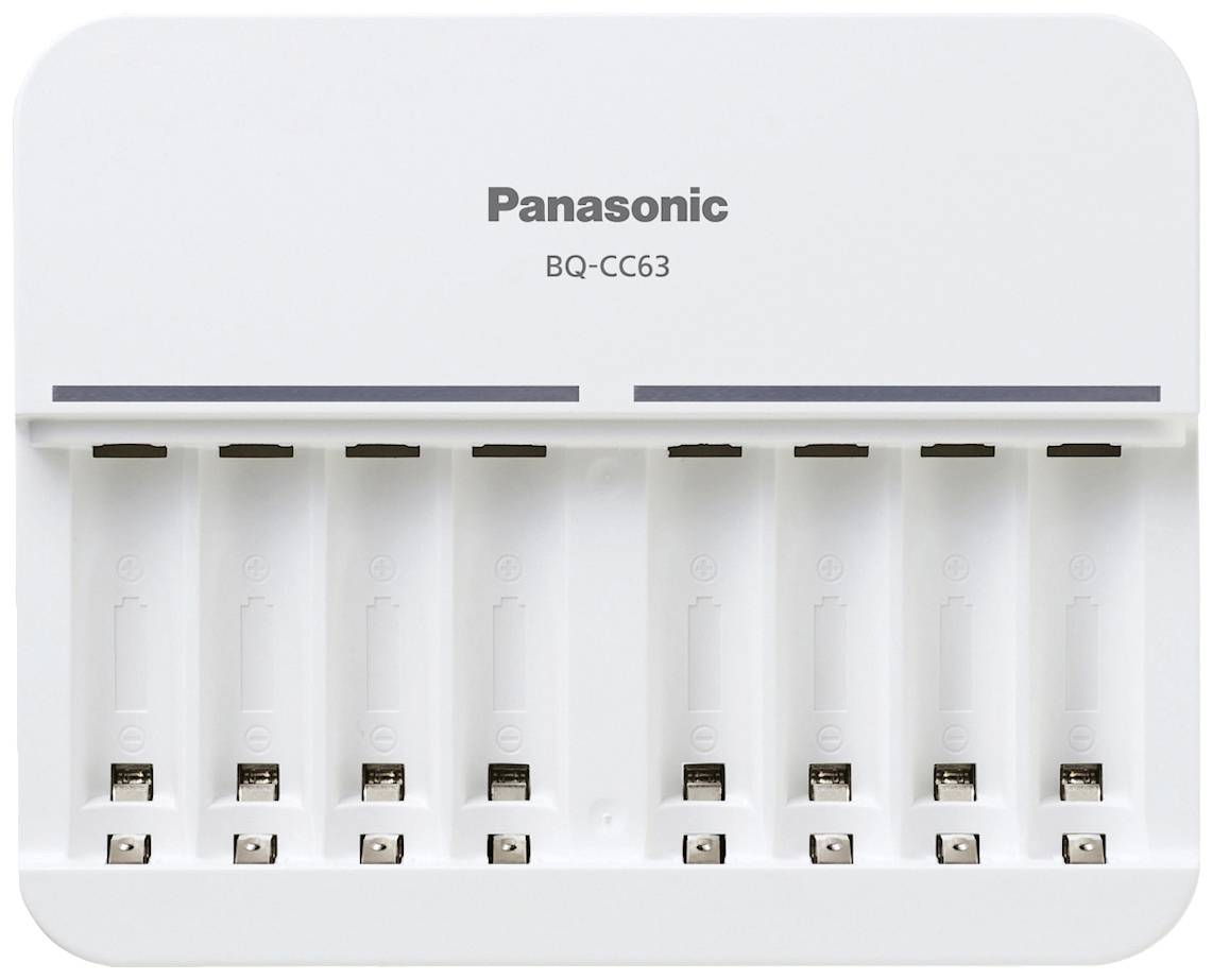 Battery charger with 8 slots, brand 'Panasonic', model 'BQ-CC63', suitable for AA and AAA batteries.
