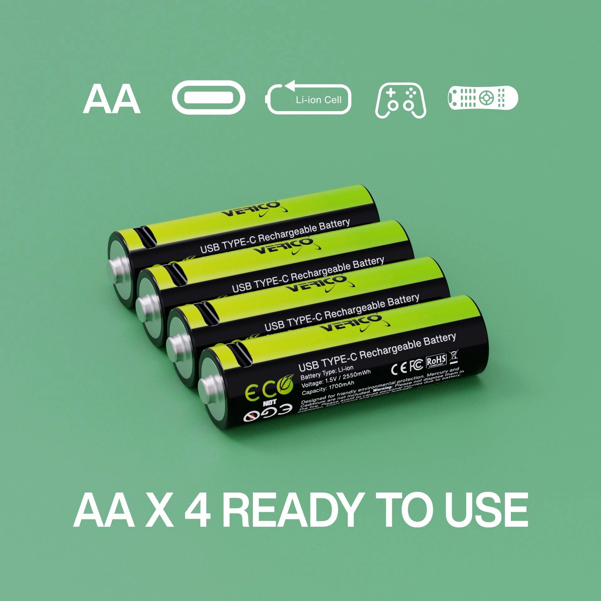 Four rechargeable AA batteries by Veho, USB Type-C model, on a green background. Text below: AA x 4 READY TO USE.