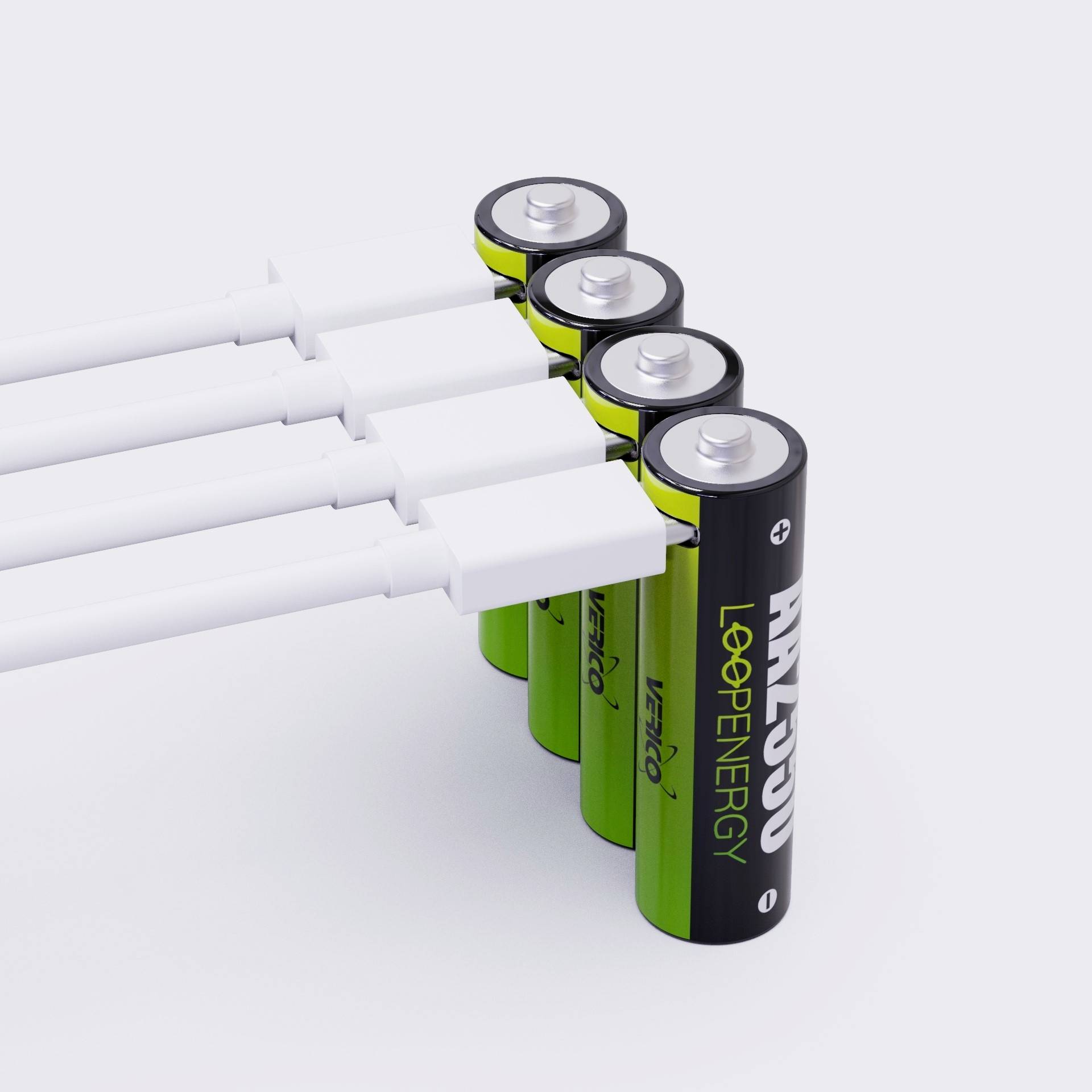 Five green AA batteries with the text 'LoopEnergy' are connected to each other and stand upright side by side.