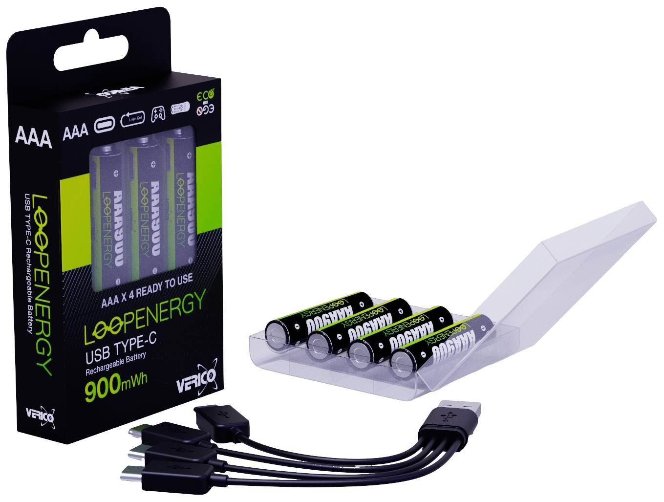 Sustainable AAA Batteries in Packaging and Case. Charger with Four USB Cables. Packaging Text: 'Loopeenergy, USB Type-C, 900 mWh'.