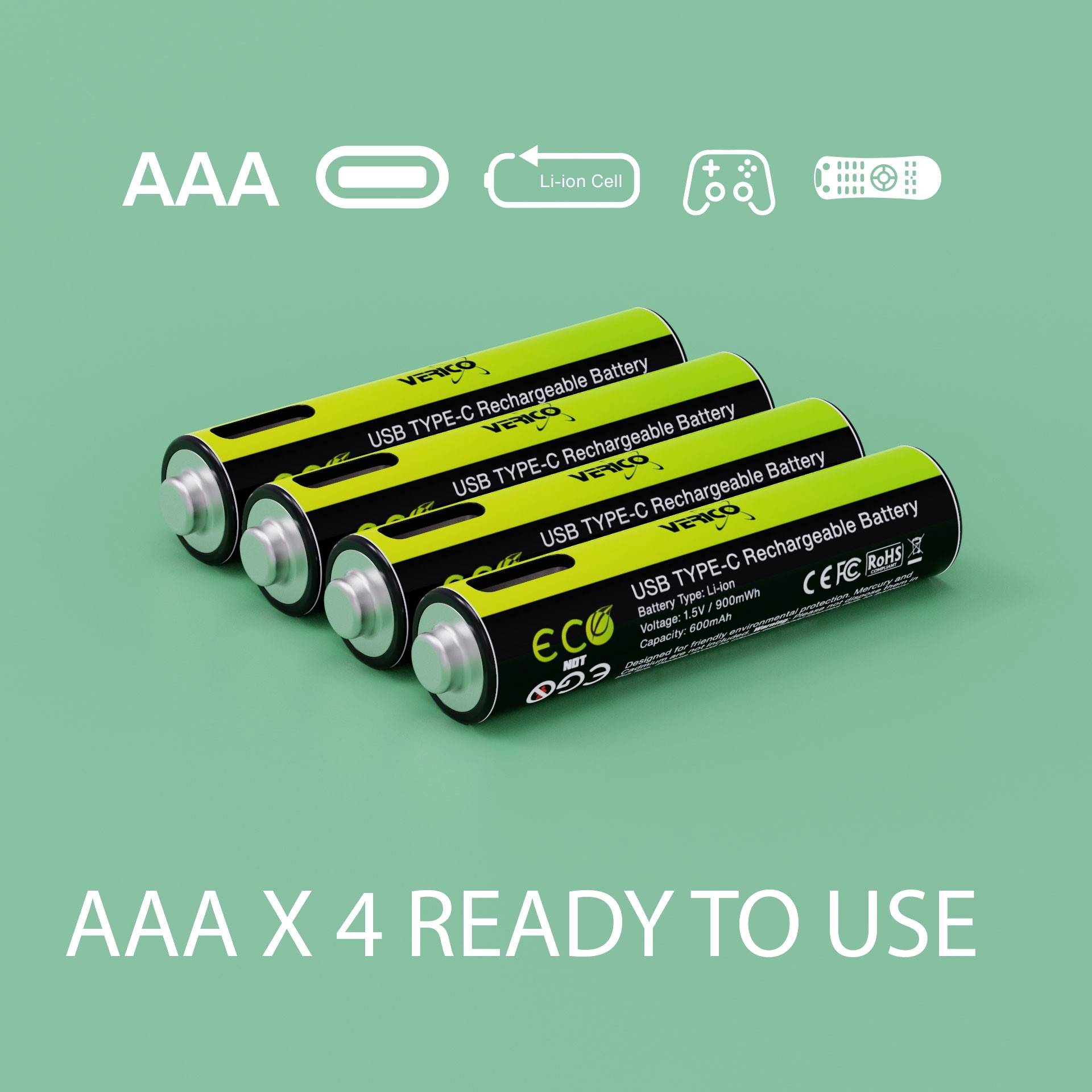 Four rechargeable AAA batteries with USB Type-C connection. Note: 'AAA x 4 ready for use'. Suitable for gaming devices.