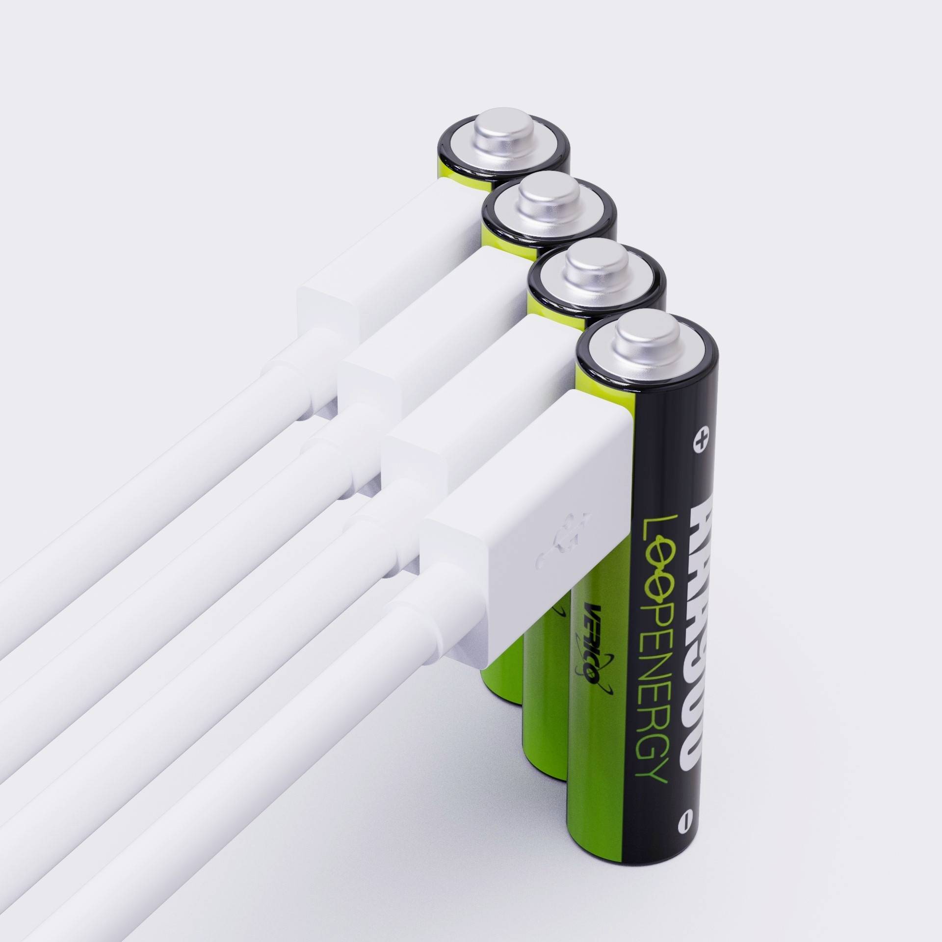 Four green AA batteries are connected to white USB cables. It demonstrates an innovative power source that provides electricity.