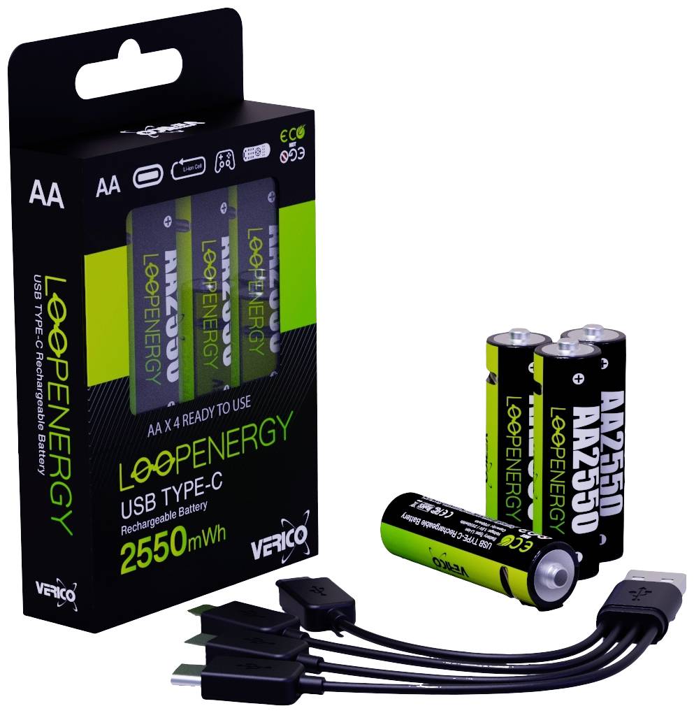 Packaging containing four AA rechargeable batteries and a charging cable. Label reads 'Loop Energy, USB Type-C, 2550 mWh'. Two batteries and cable positioned alongside.