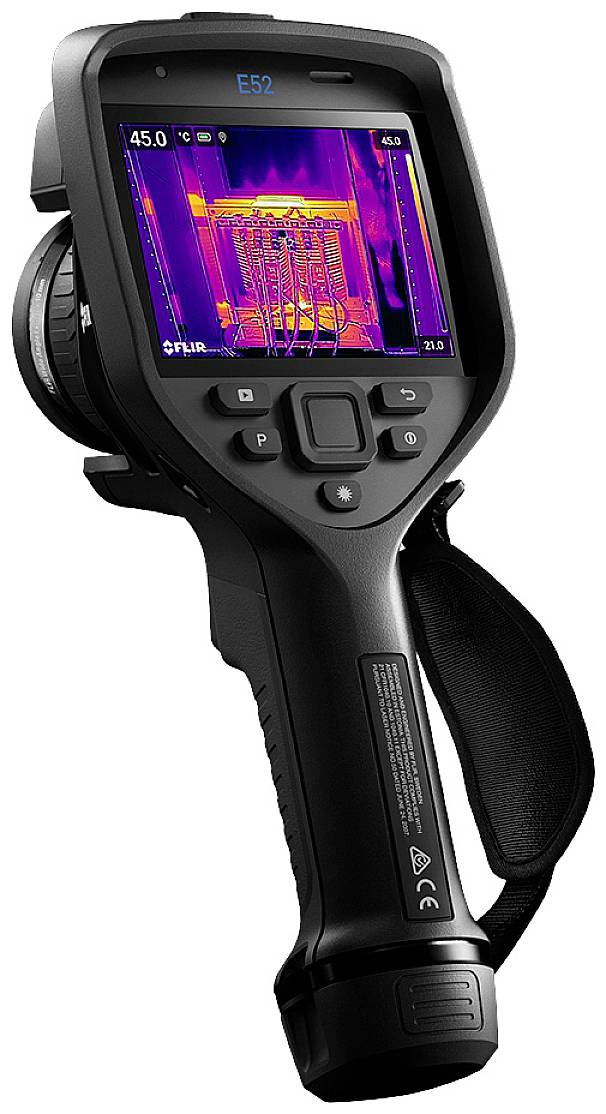 Thermal imaging camera with screen shows thermal image of an electrical distribution board. Temperature distribution visible in colours.
