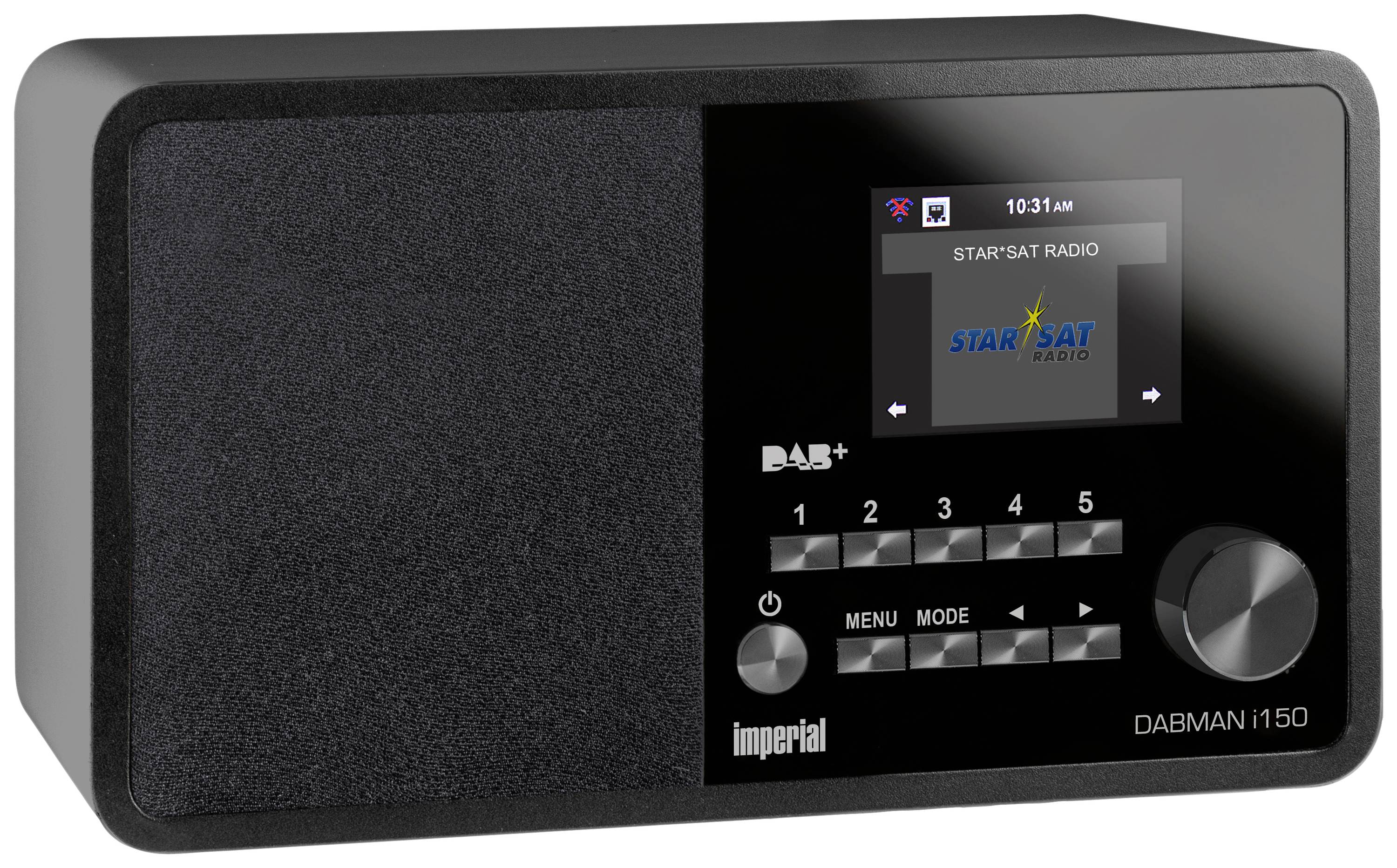 Black DAB+ radio with display showing 'STAR*SAT RADIO' and control buttons underneath.