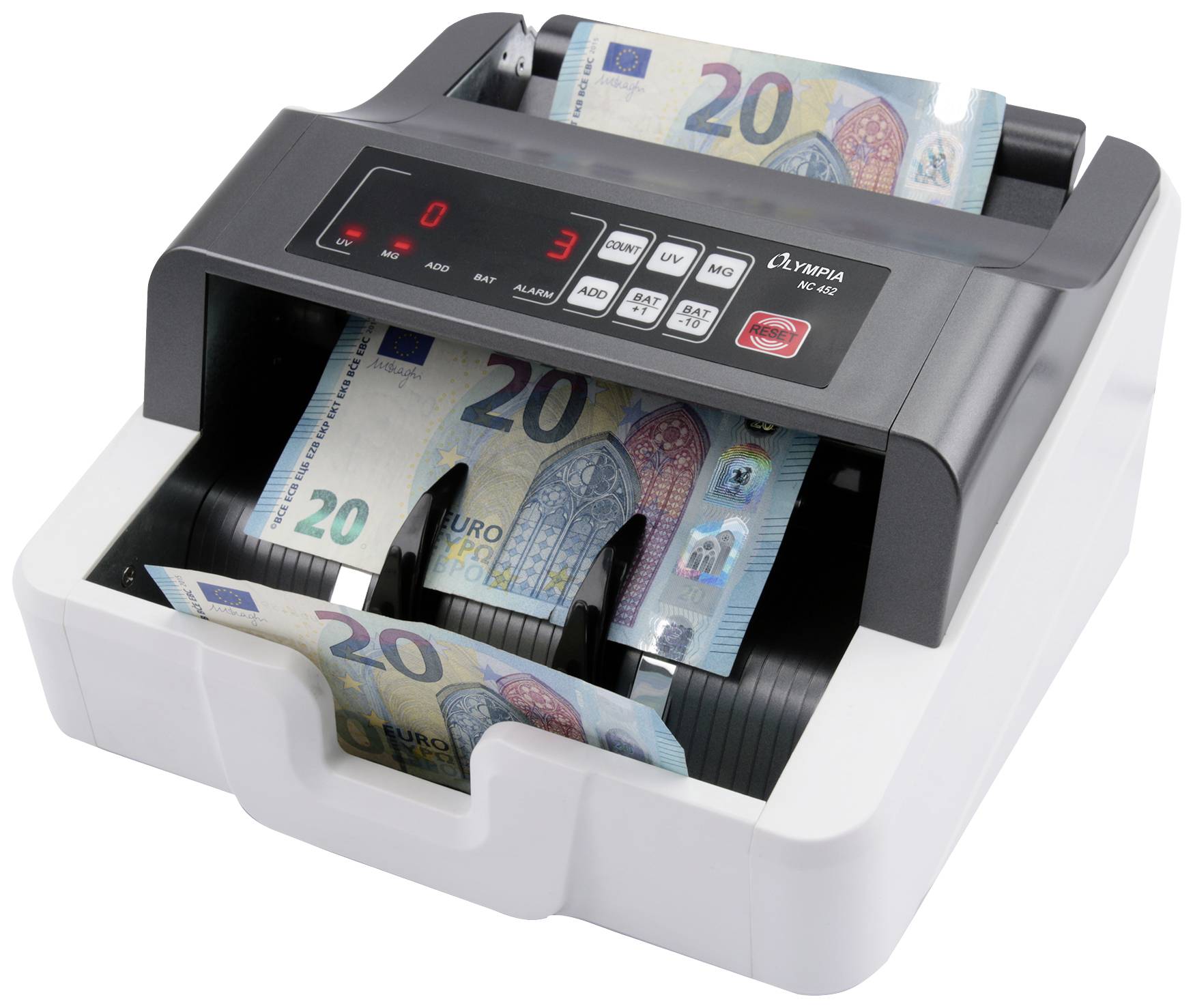 A money counting machine is counting several twenty euro notes. The display shows the number '3', indicating the number of notes counted.
