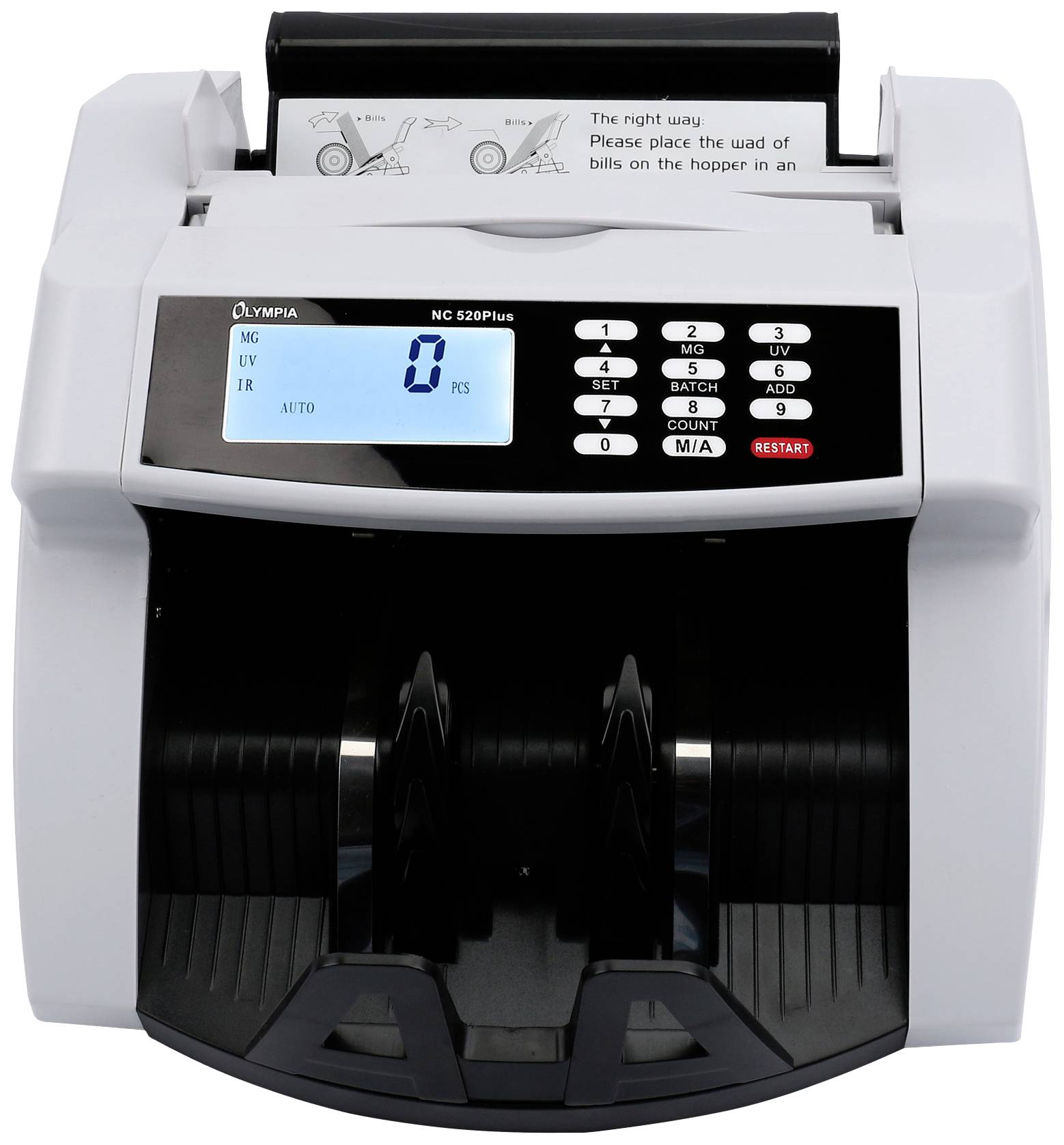 'Automatic banknote counting machine with digital display. Shows 