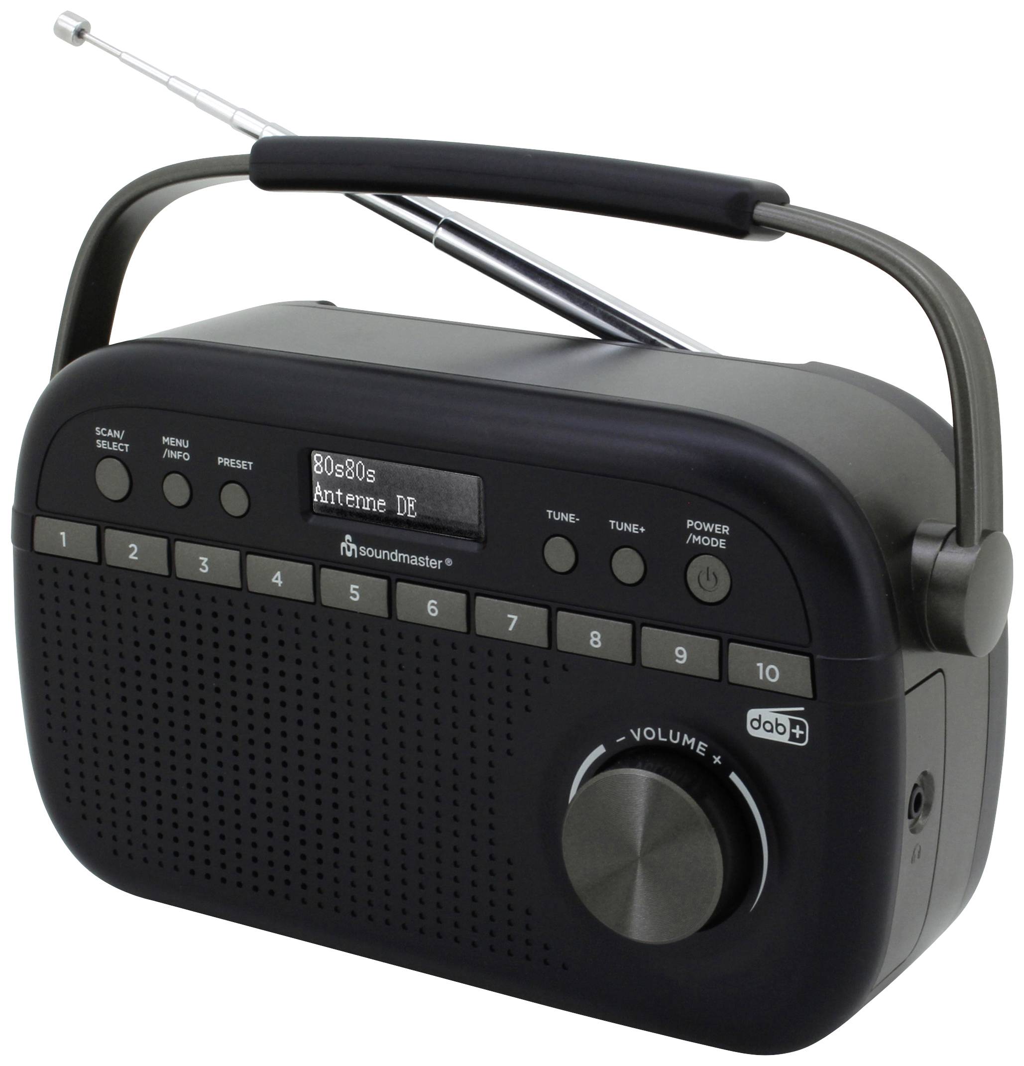A portable radio with an aerial and digital buttons. Displays '80s/80s Antenne DE' on the screen. Large volume dial at the front.