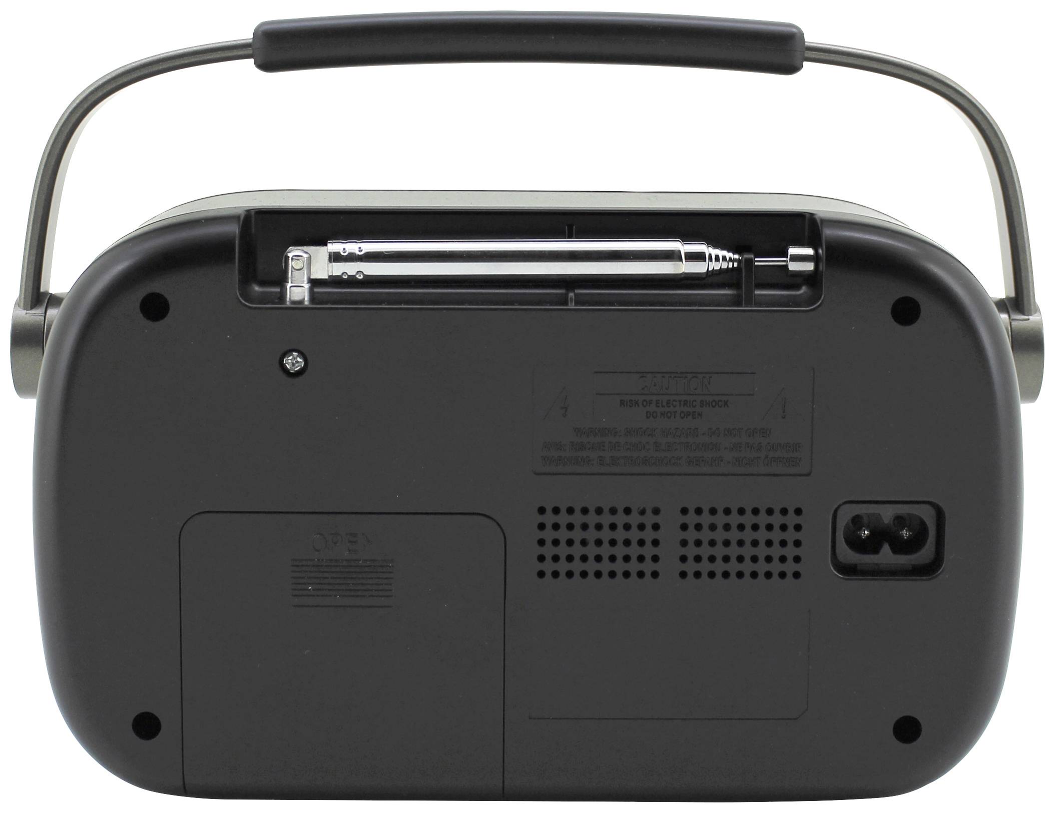 Back of a portable radio with battery compartment and mains cable connection. Removable handle on top. No batteries inserted.