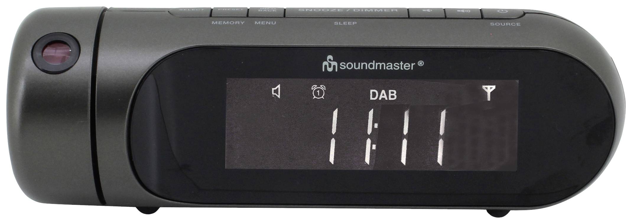 Digital radio alarm clock with the display showing '1:11' on the screen. The device is in a dark grey colour.