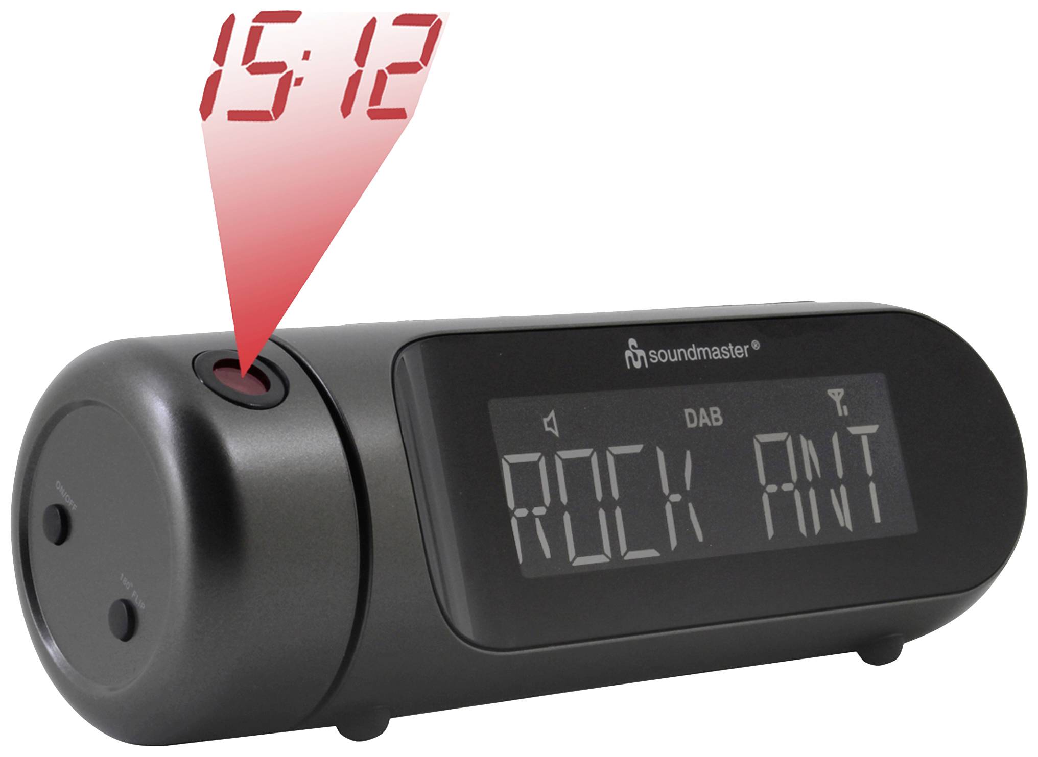 A black digital alarm clock projects the time '15:12' in red. The display shows the radio station 'Rock Ant'.