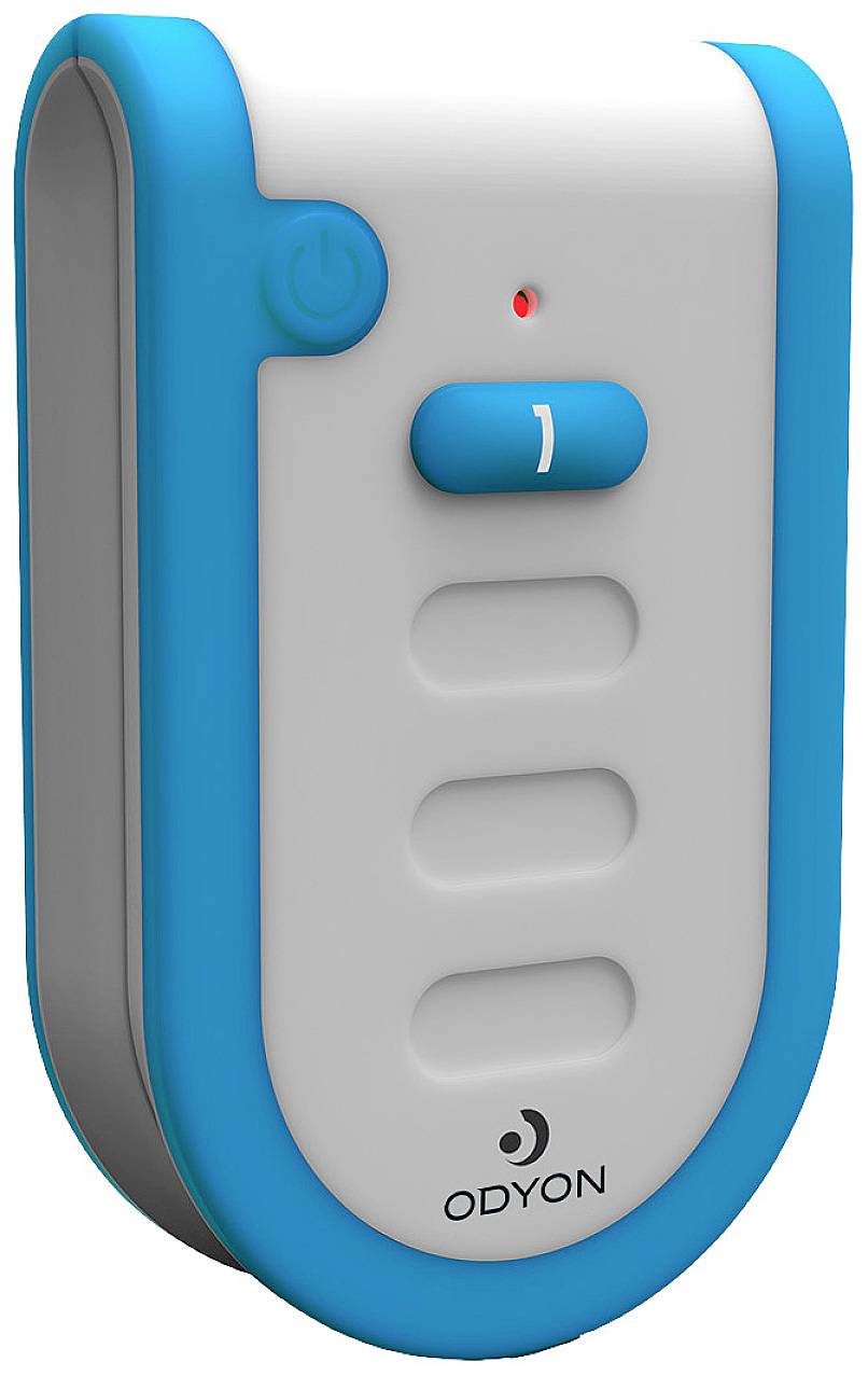 Digital device with a blue border, multiple buttons, and a small LED light.