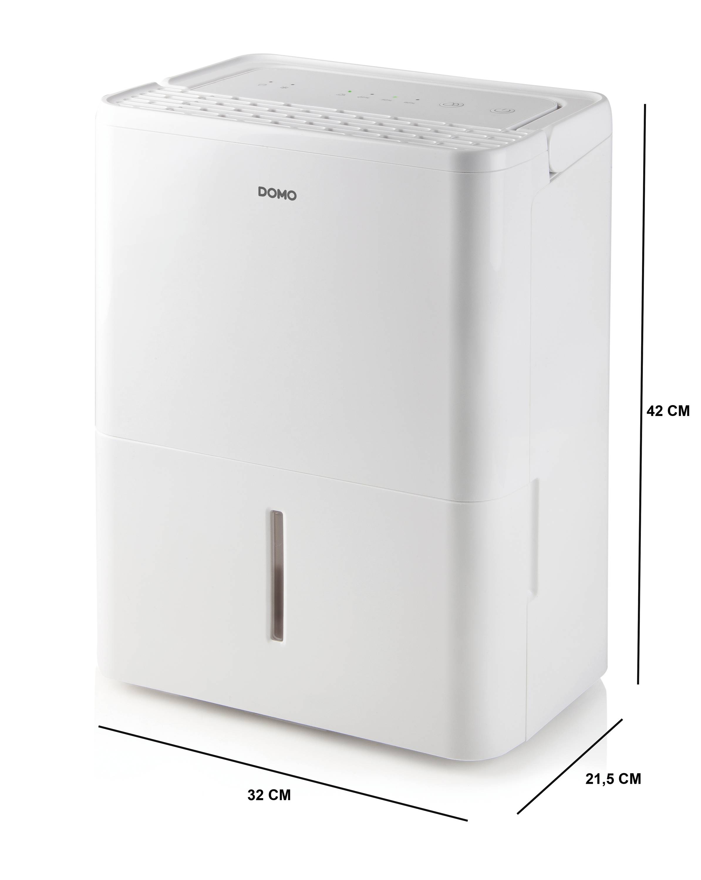 A white dehumidifier with the brand name 'DOMO', measuring 42 cm in height, 32 cm in width and 21.5 cm in depth.
